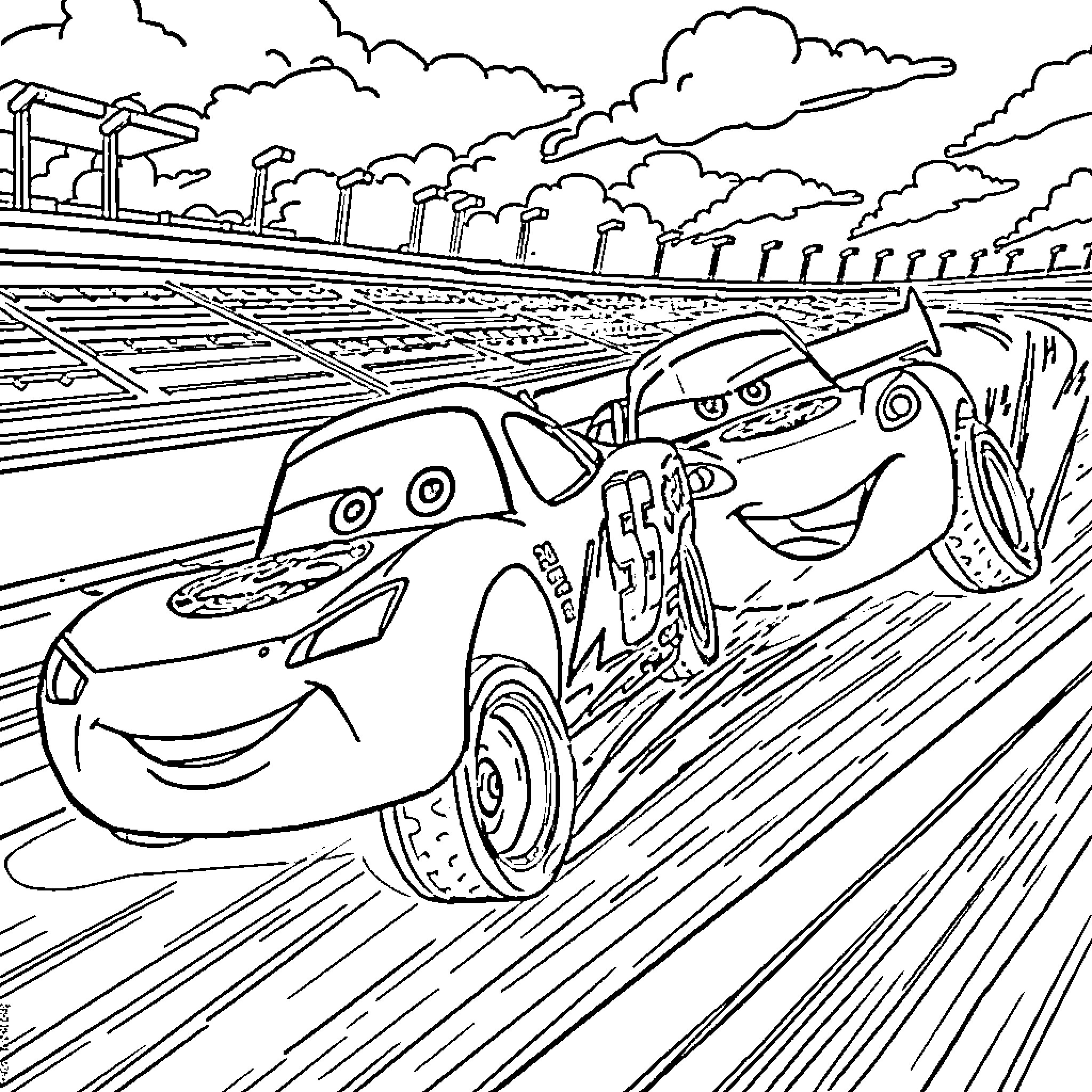Lightning McQueen racing on the track with friends Coloring Page (free black-and-white line drawing printable PDF for all, from beginners to advanced learners, including children, teens, adults, and seniors)