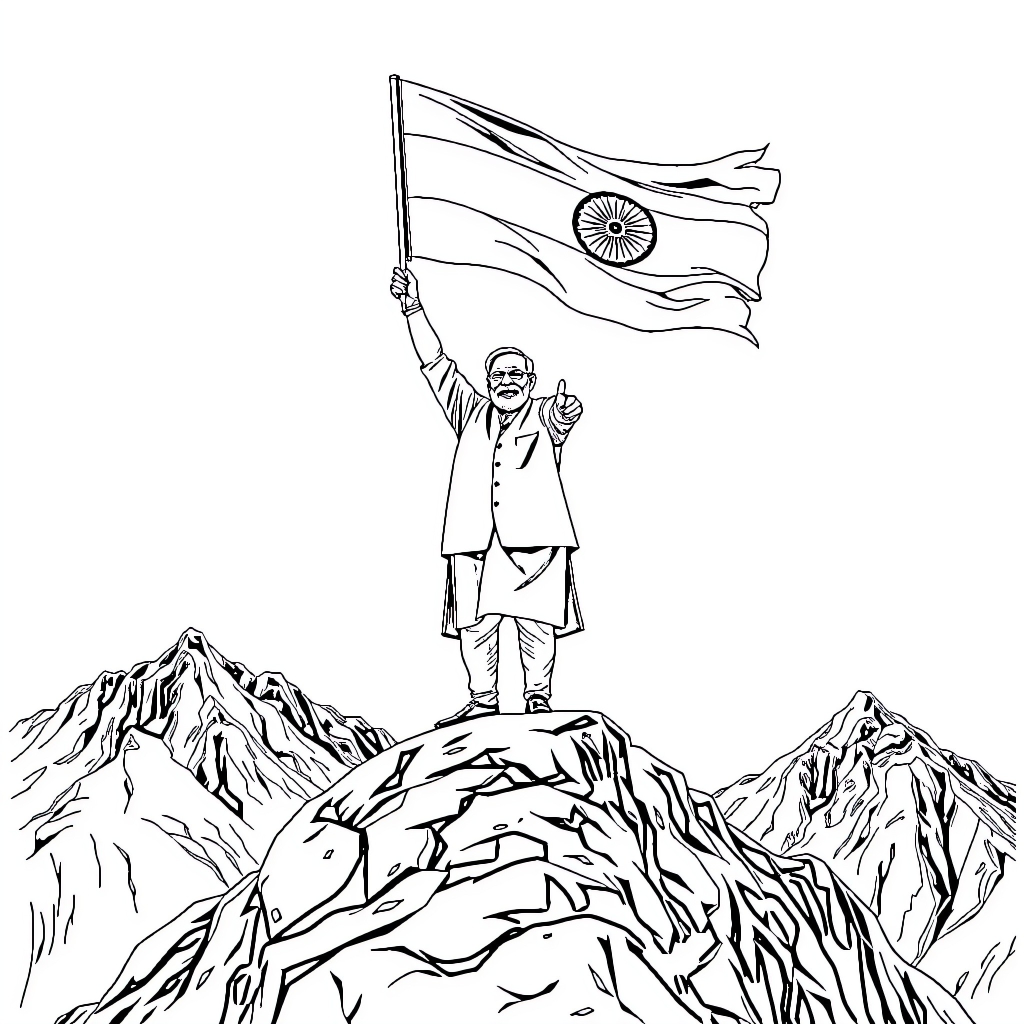 Narendra Modi triumphantly waving the Indian flag on a mountaintop Coloring Page (free black-and-white line drawing printable PDF for all, from beginners to advanced learners, including children, teens, adults, and seniors)
