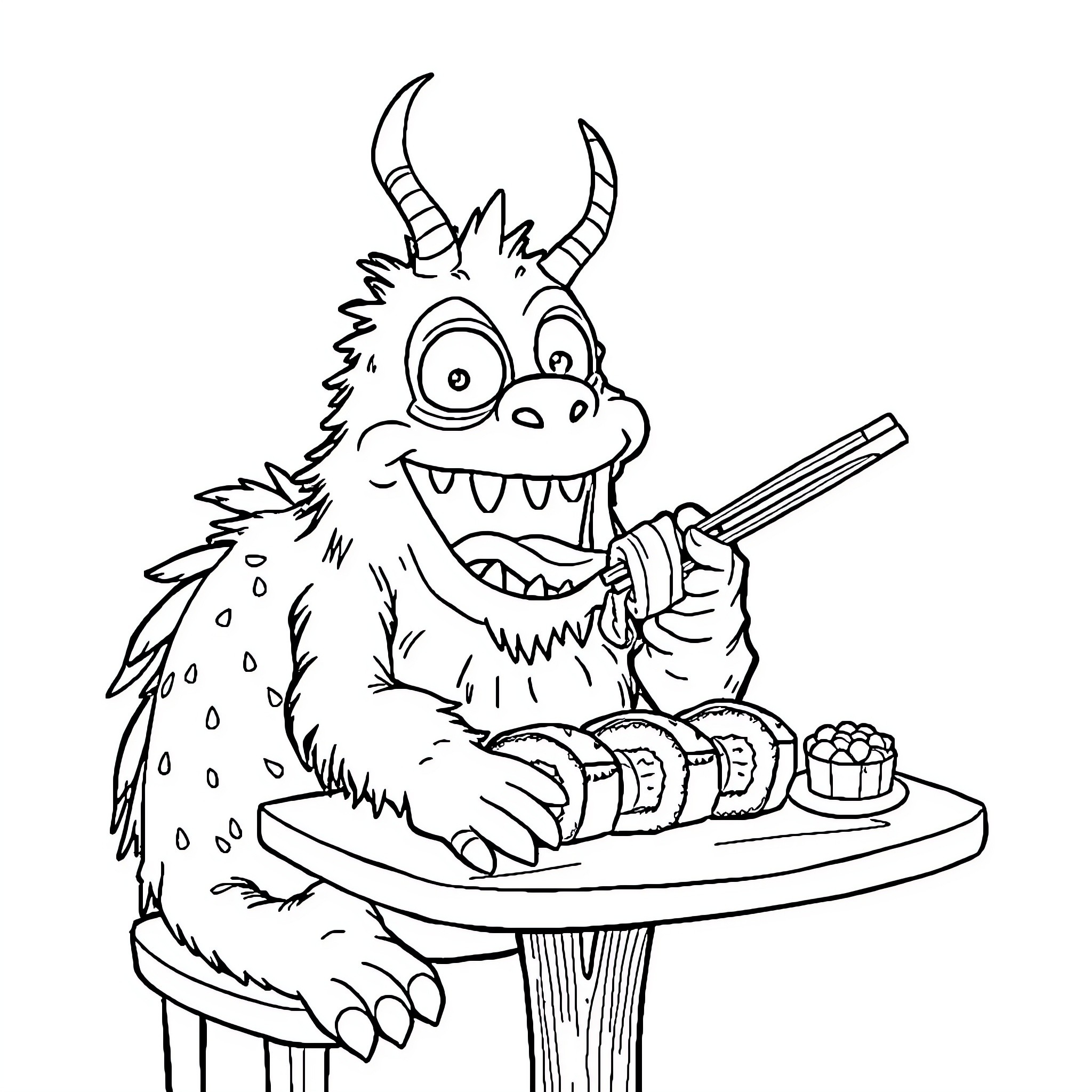 Monster Chef Preparing a Meal with Enthusiasm Coloring Page (free black-and-white line drawing printable PDF for all, from beginners to advanced learners, including children, teens, adults, and seniors)