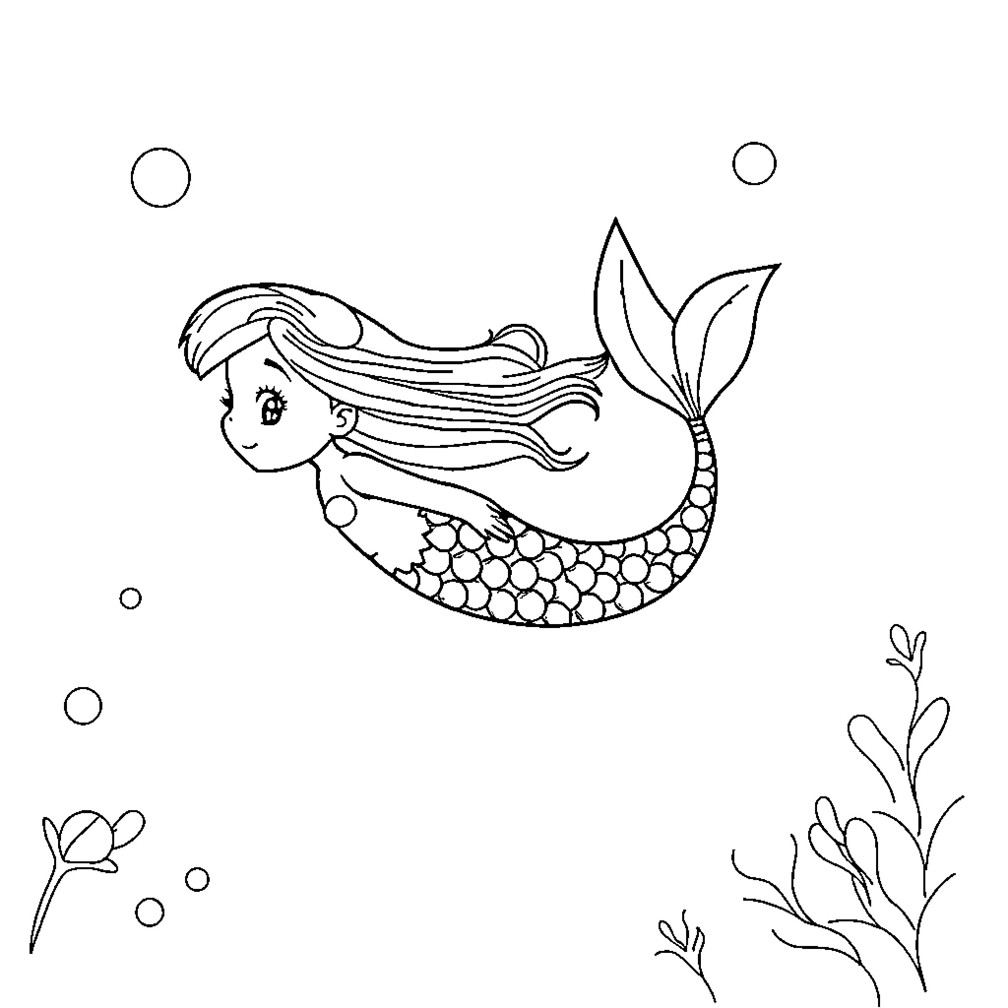 Mermaid swimming gracefully in the underwater scene Coloring Page (free black-and-white line drawing printable PDF for all, from beginners to advanced learners, including children, teens, adults, and seniors)