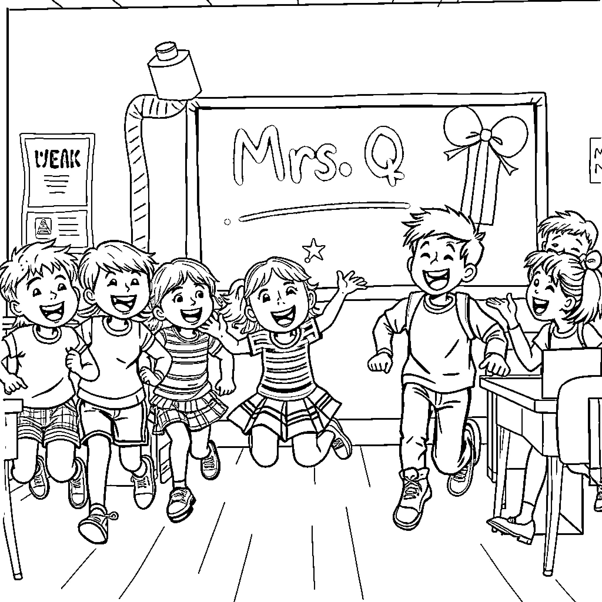 Kid Celebrating with Classmates in Classroom Coloring Page (free black-and-white line drawing printable PDF for all, from beginners to advanced learners, including children, teens, adults, and seniors)