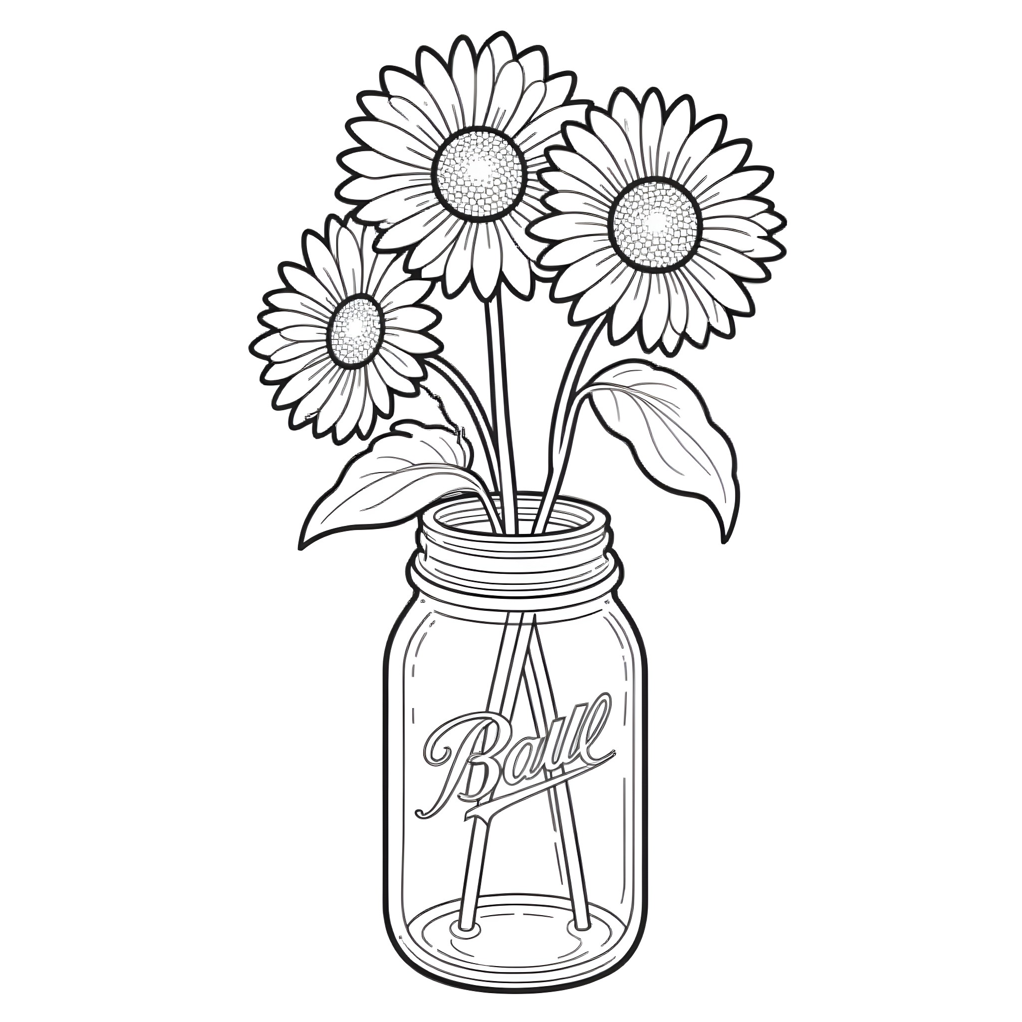 Mason Jar with Blooming Daisies Coloring Page (free black-and-white line drawing printable PDF for all, from beginners to advanced learners, including children, teens, adults, and seniors)