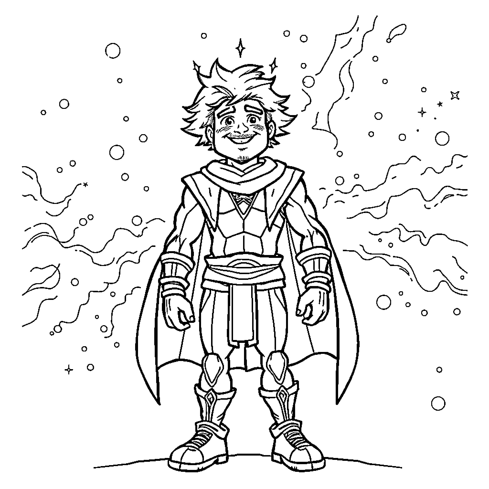 Master of the Universe in Cosmic Attire Coloring Page (free black-and-white line drawing printable PDF for all, from beginners to advanced learners, including children, teens, adults, and seniors)