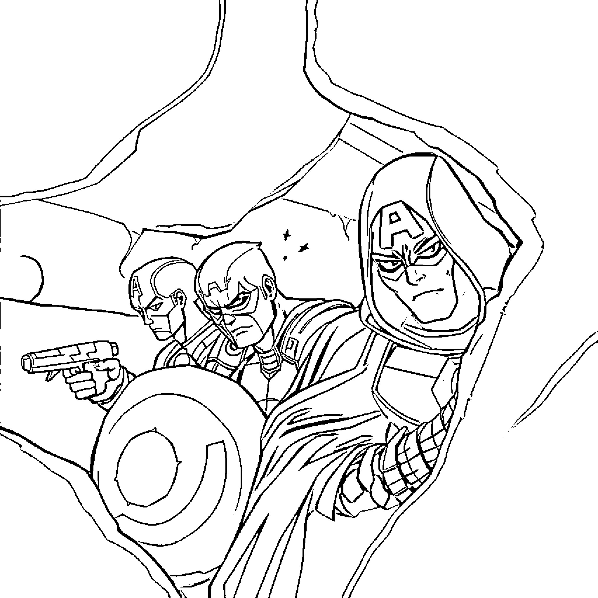 Avenger Superheroes in Action with Weapons Coloring Page (free black-and-white line drawing printable PDF for all, from beginners to advanced learners, including children, teens, adults, and seniors)