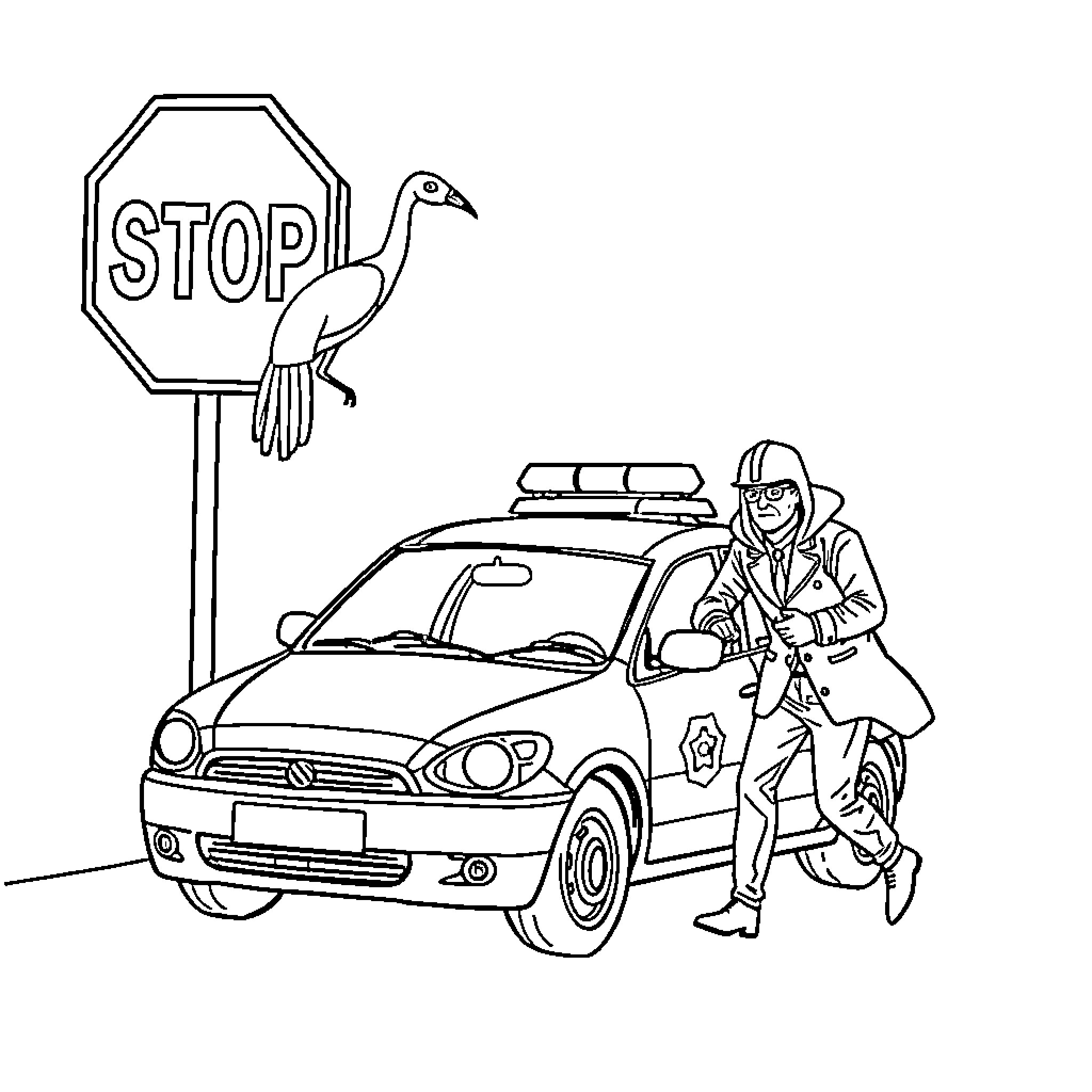 Police Car Responding to Emergency with Officer Apprehending Suspect Coloring Page (free black-and-white line drawing printable PDF for all, from beginners to advanced learners, including children, teens, adults, and seniors)