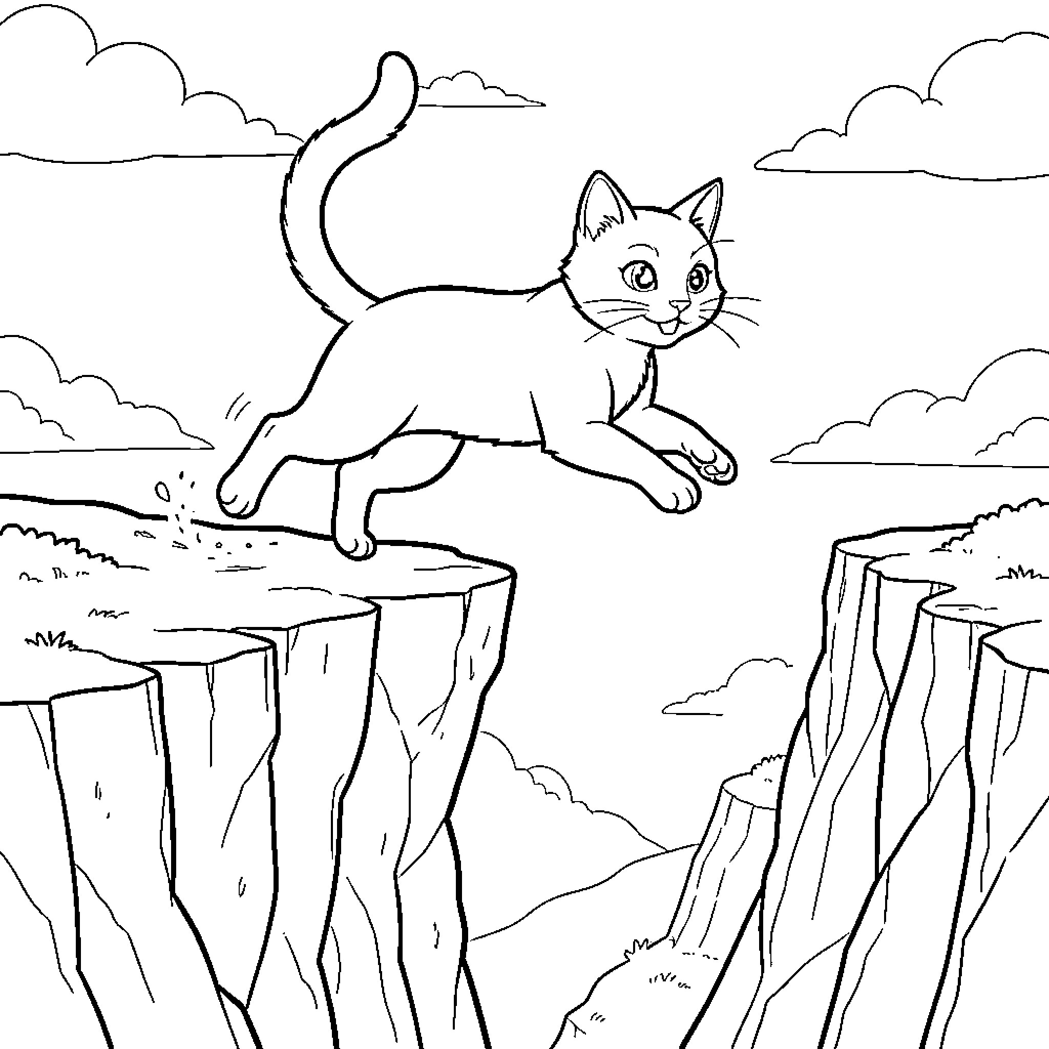 Gato exploring the cliffside view Coloring Page (free black-and-white line drawing printable PDF for all, from beginners to advanced learners, including children, teens, adults, and seniors)
