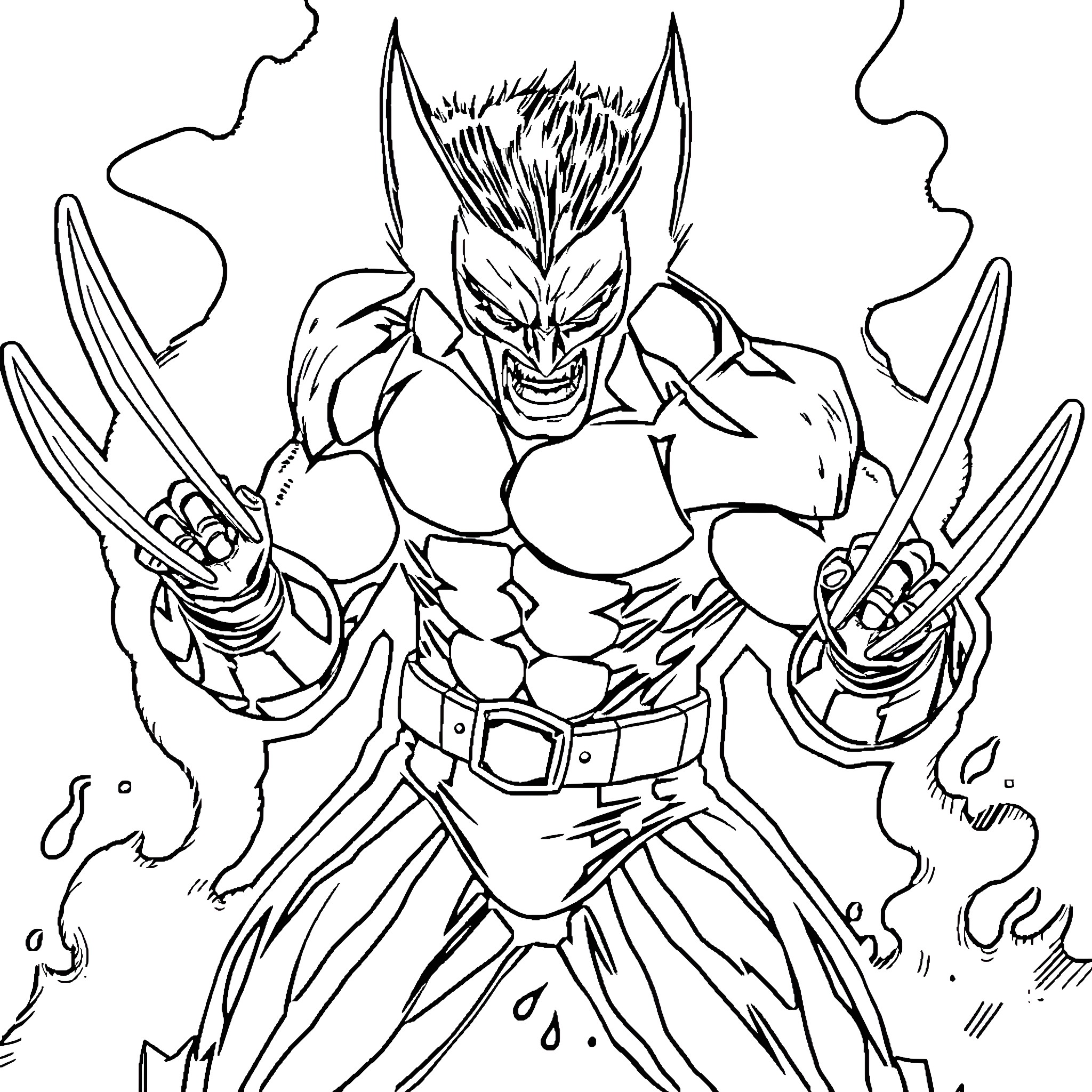 Wolverine in Fierce Battle Stance Coloring Page (free black-and-white line drawing printable PDF for all, from beginners to advanced learners, including children, teens, adults, and seniors)