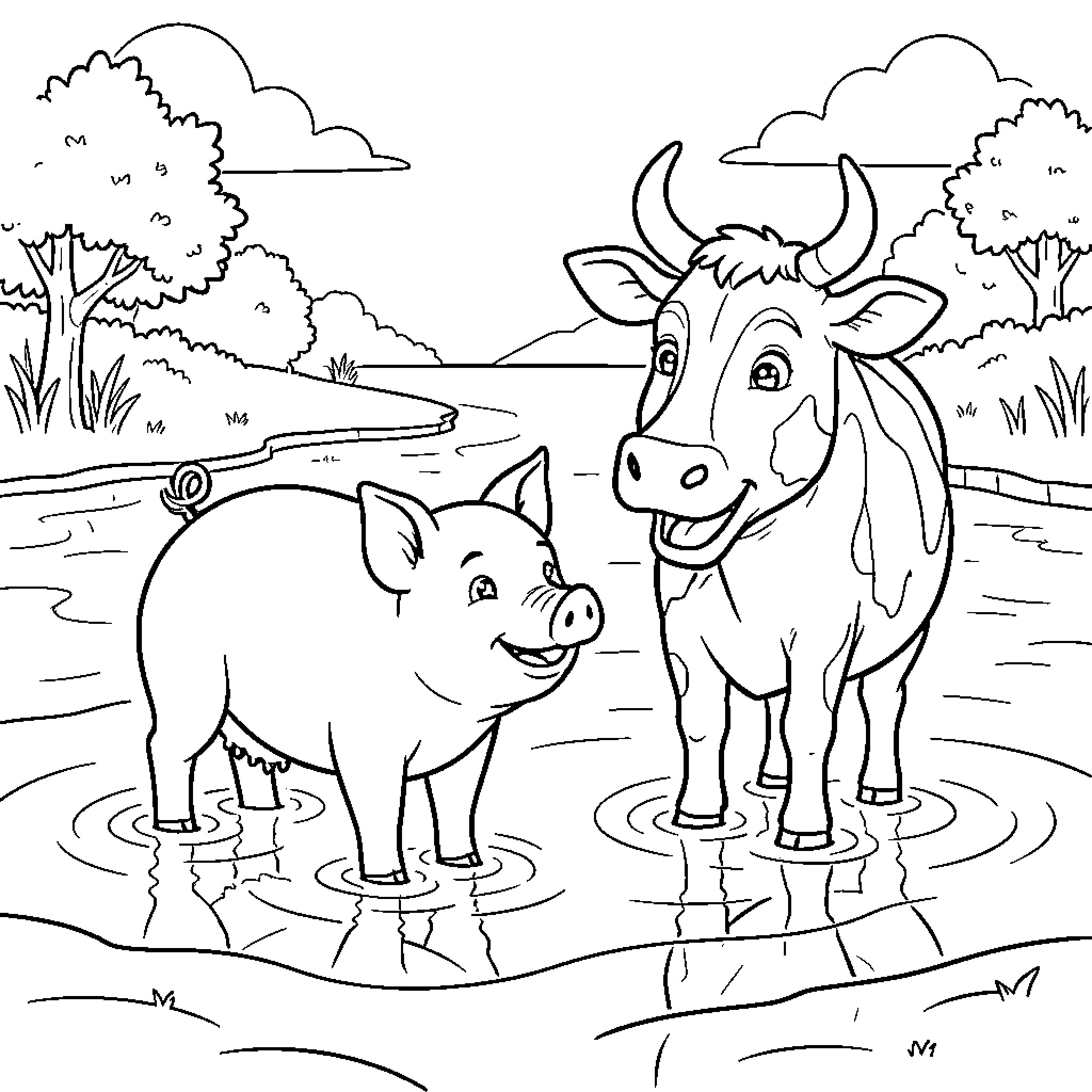 Pig and cow standing together in a pond Coloring Page (free black-and-white line drawing printable PDF for all, from beginners to advanced learners, including children, teens, adults, and seniors)