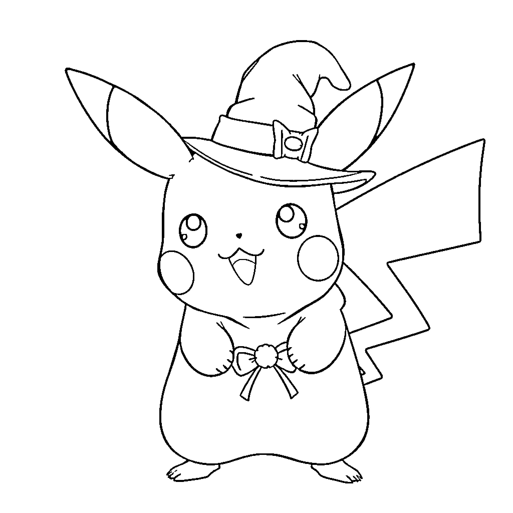 Pikachu dressed up in a witch hat Coloring Page (free black-and-white line drawing printable PDF for all, from beginners to advanced learners, including children, teens, adults, and seniors)
