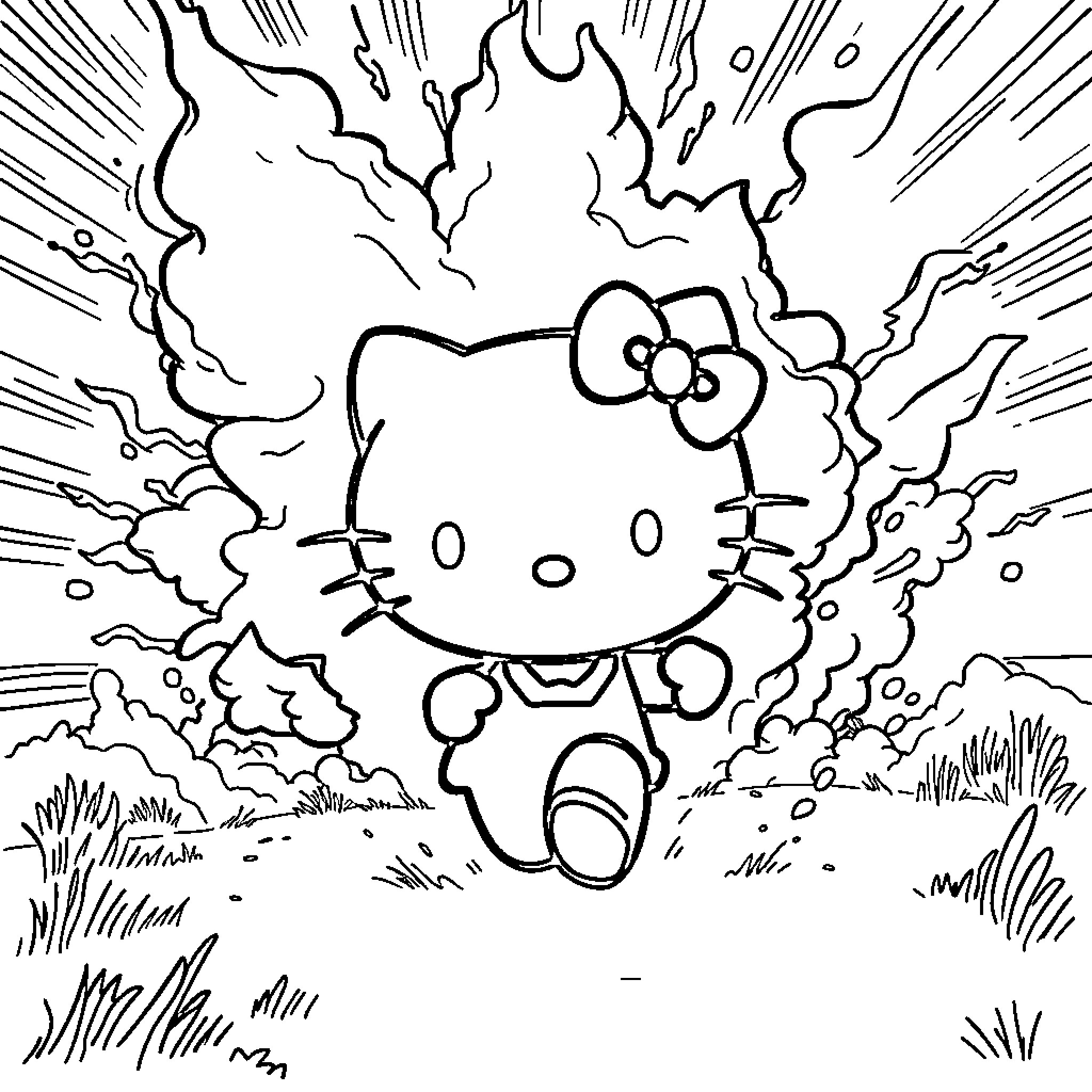 Hello Kitty Soaring Through Dramatic Skies Coloring Page (free black-and-white line drawing printable PDF for all, from beginners to advanced learners, including children, teens, adults, and seniors)