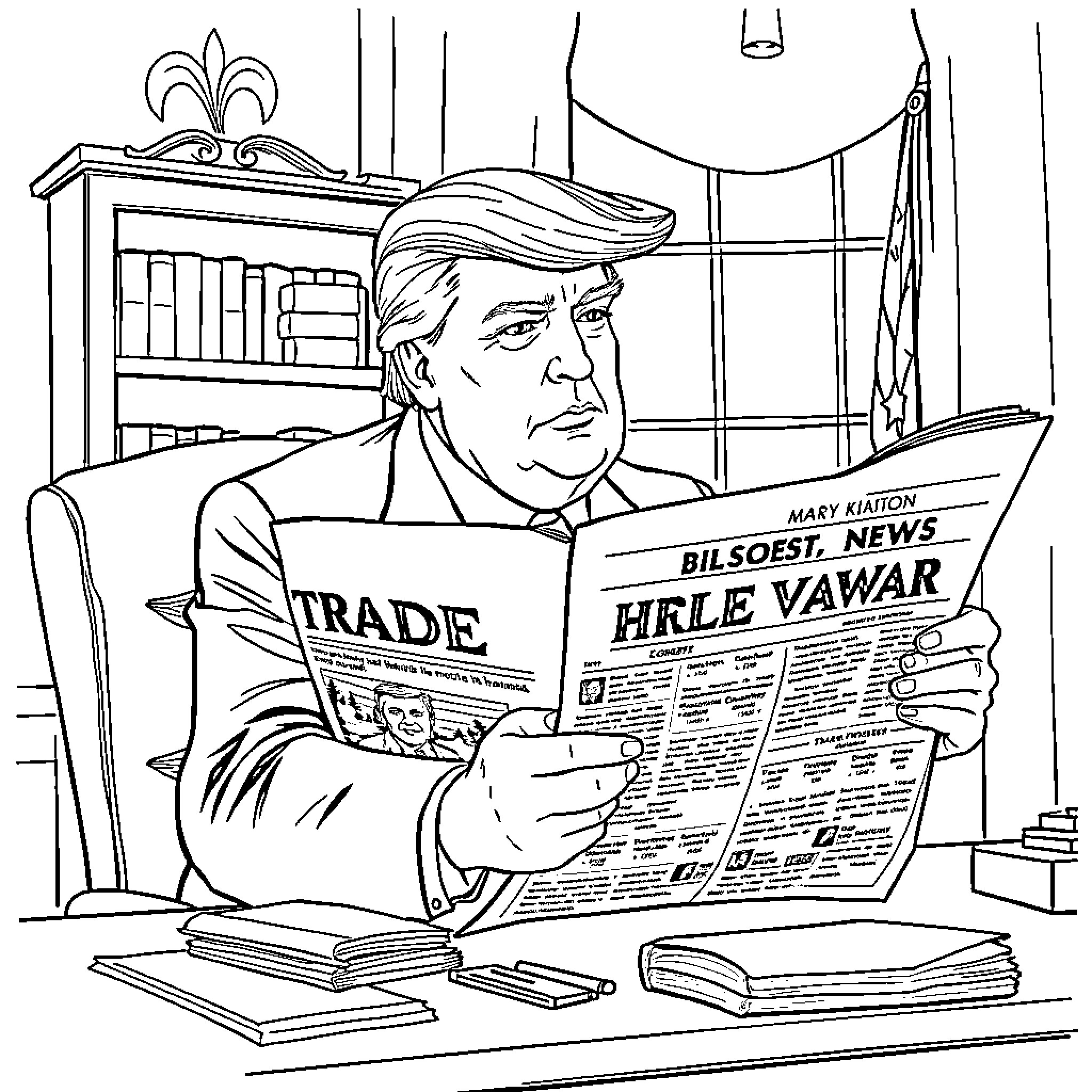 Trump reading newspaper in his office Coloring Page (free black-and-white line drawing printable PDF for all, from beginners to advanced learners, including children, teens, adults, and seniors)
