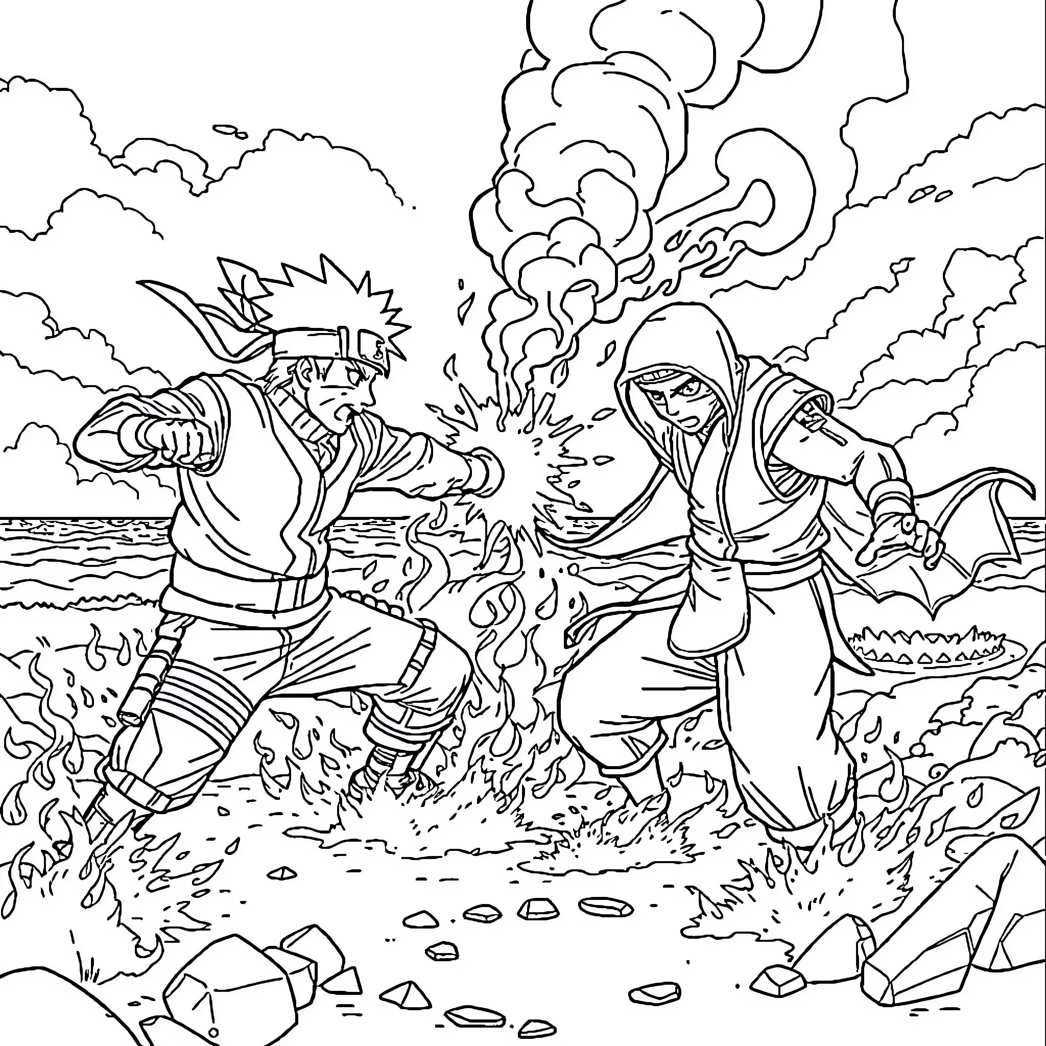 Naruto and Sasuke's epic battle scene Coloring Page (free black-and-white line drawing printable PDF for all, from beginners to advanced learners, including children, teens, adults, and seniors)