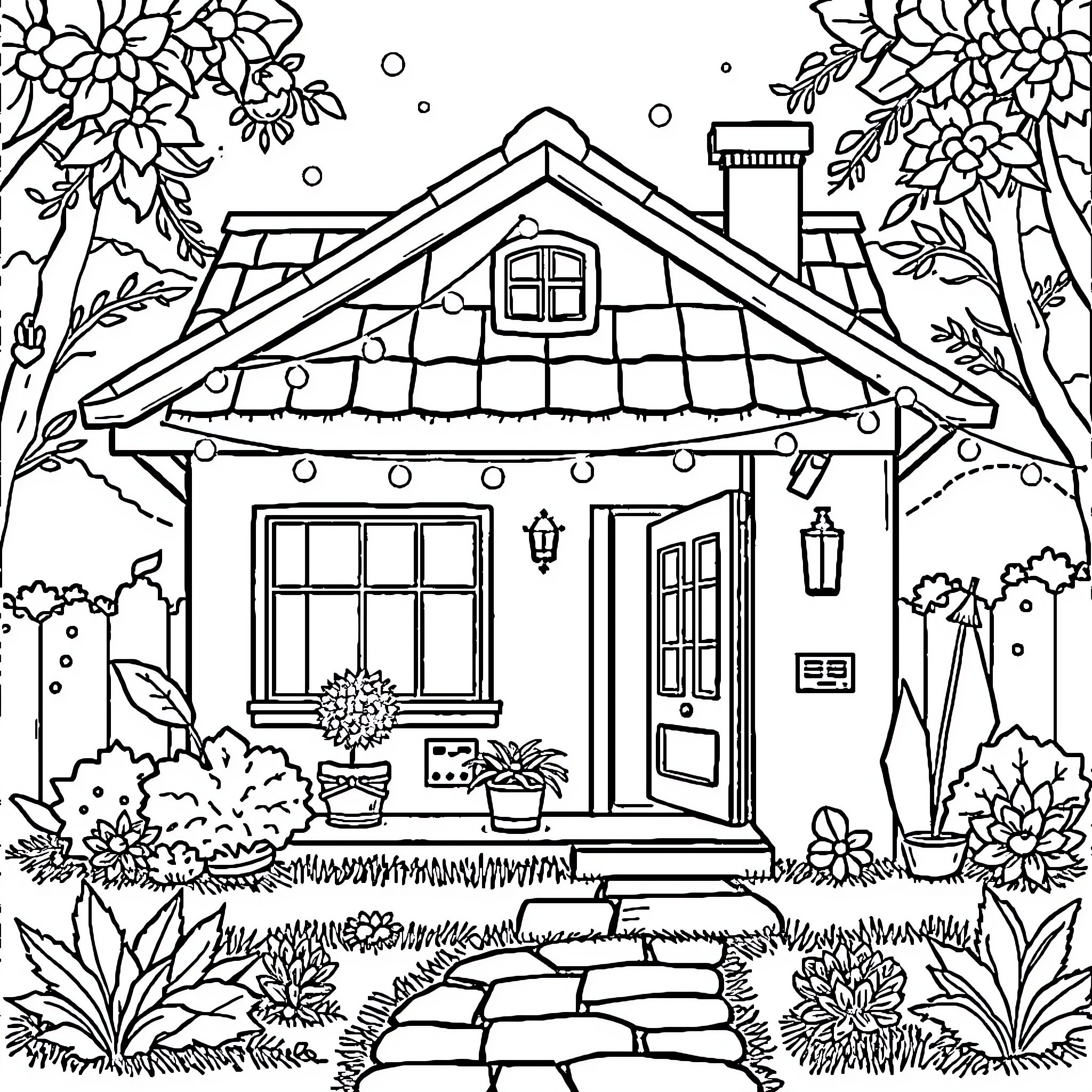 House with Decorative Floral Landscape Coloring Page (free black-and-white line drawing printable PDF for all, from beginners to advanced learners, including children, teens, adults, and seniors)