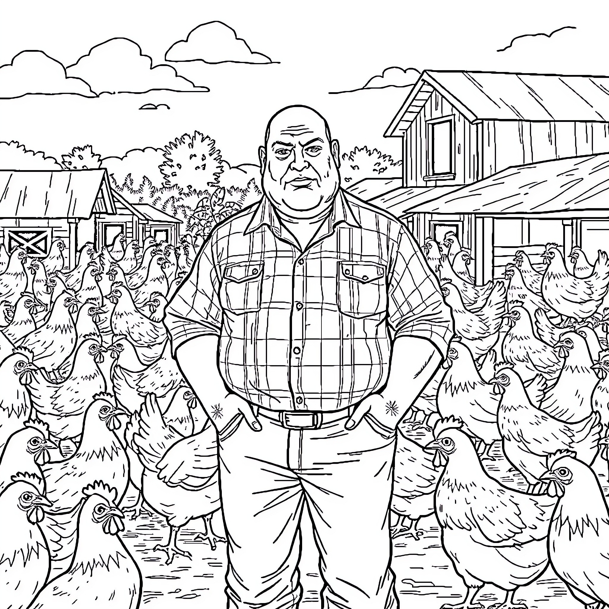 Man standing among chickens on a farm Coloring Page (free black-and-white line drawing printable PDF for all, from beginners to advanced learners, including children, teens, adults, and seniors)