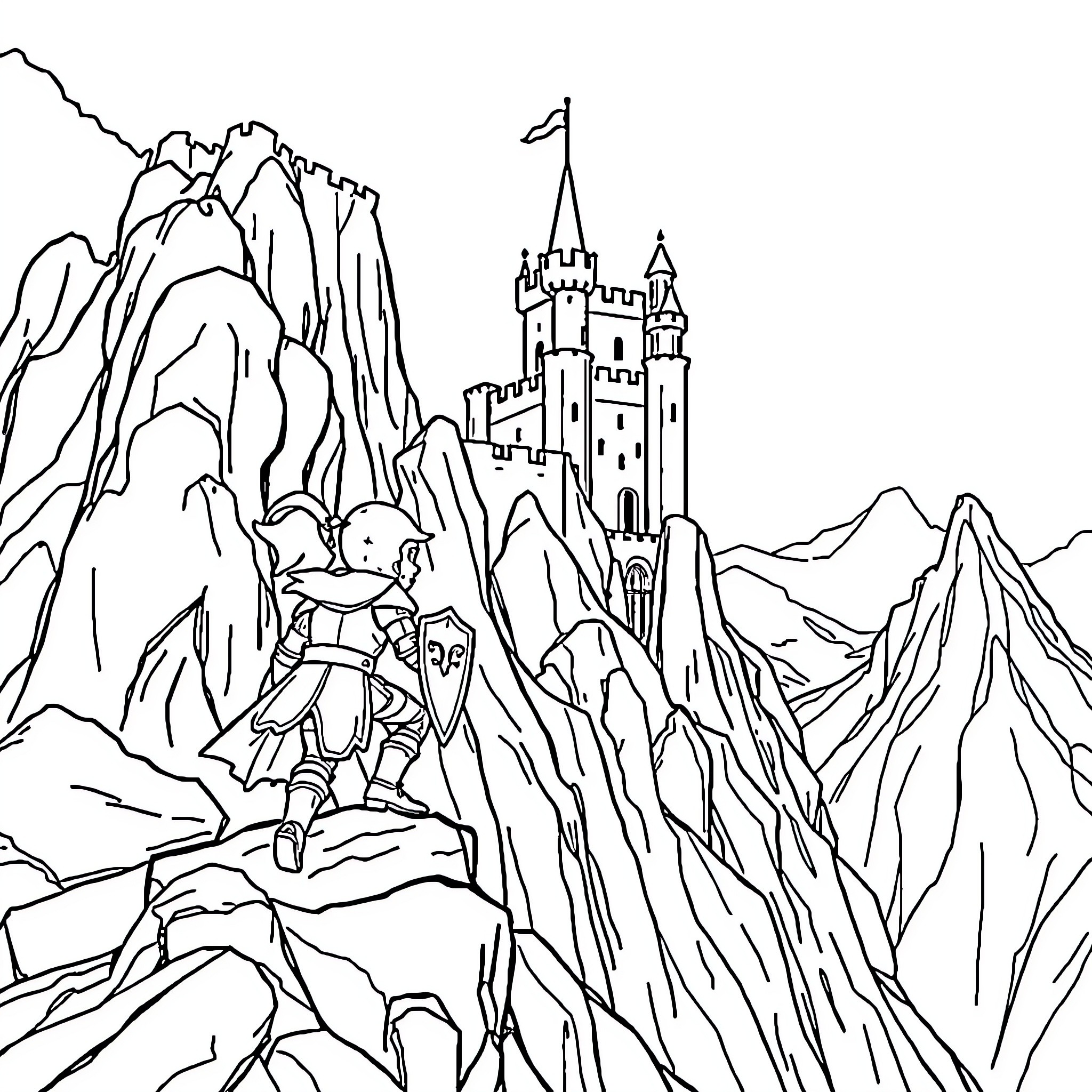 Knight standing atop a rocky cliff gazing at a castle Coloring Page (free black-and-white line drawing printable PDF for all, from beginners to advanced learners, including children, teens, adults, and seniors)