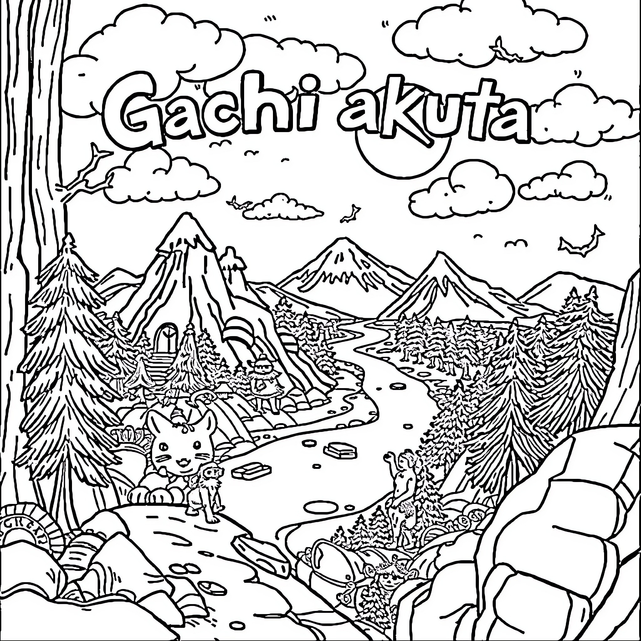 Gachiakuta: Playful Characters in Mountainous Landscape Coloring Page (free black-and-white line drawing printable PDF for all, from beginners to advanced learners, including children, teens, adults, and seniors)