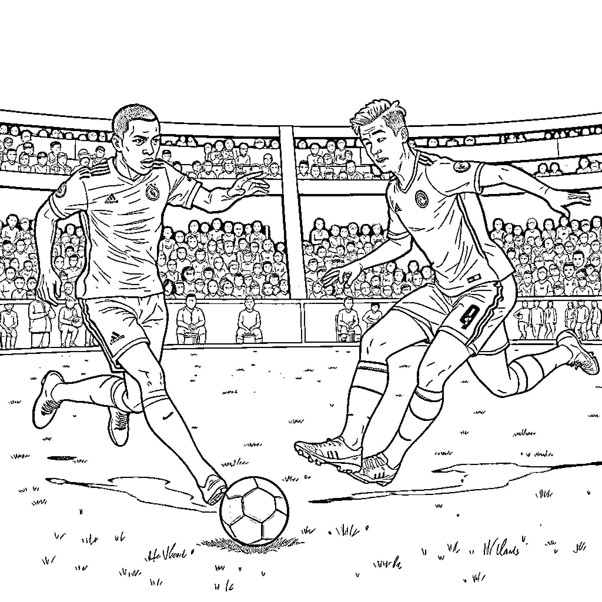 Soccer Players Competing on the Field Coloring Page (free black-and-white line drawing printable PDF for all, from beginners to advanced learners, including children, teens, adults, and seniors)