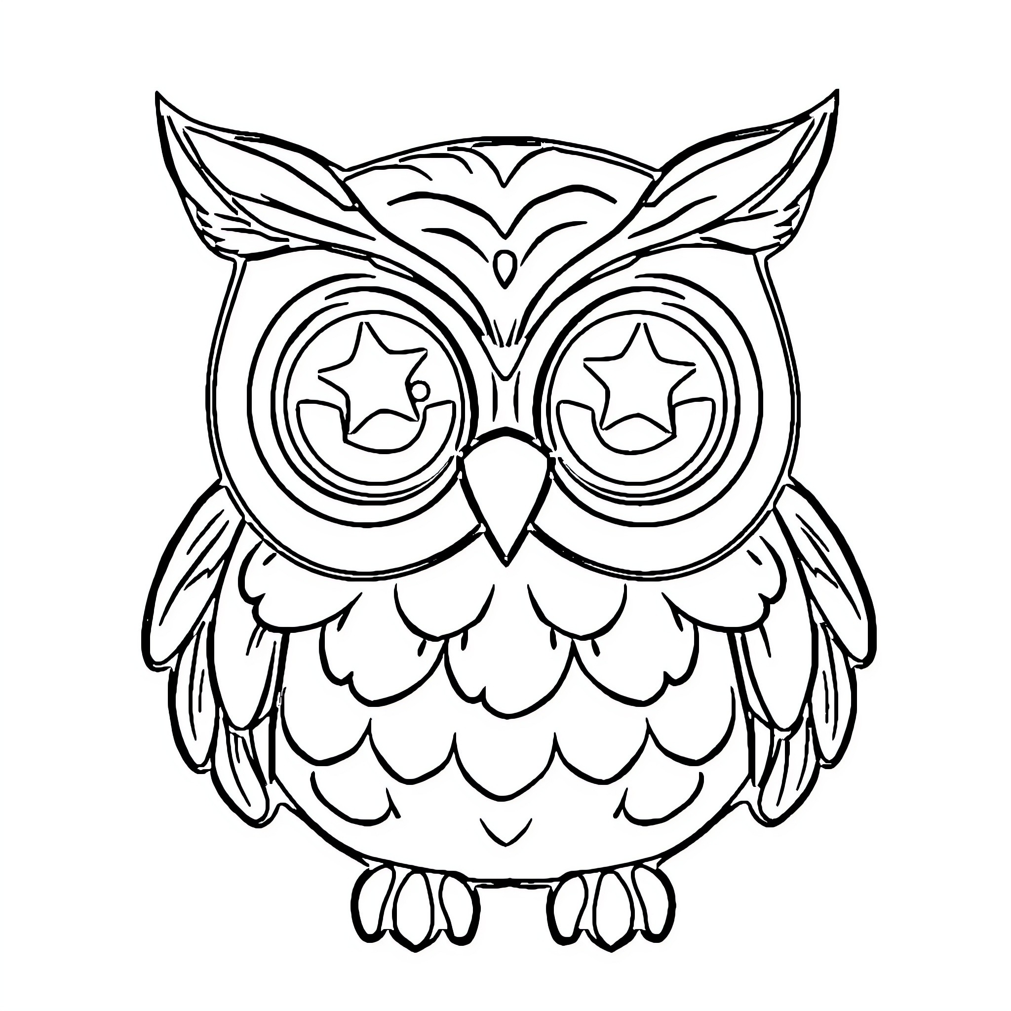 Owl with whimsical star eyes Coloring Page (free black-and-white line drawing printable PDF for all, from beginners to advanced learners, including children, teens, adults, and seniors)