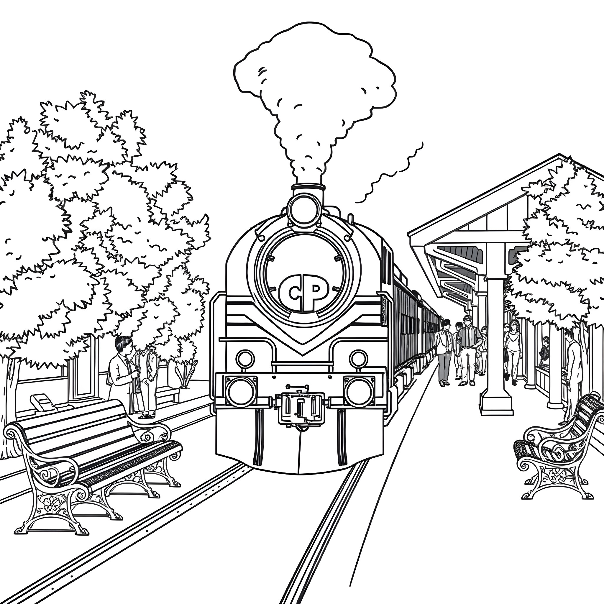 Train Traveling Through a Scenic Railway Station Coloring Page (free black-and-white line drawing printable PDF for all, from beginners to advanced learners, including children, teens, adults, and seniors)