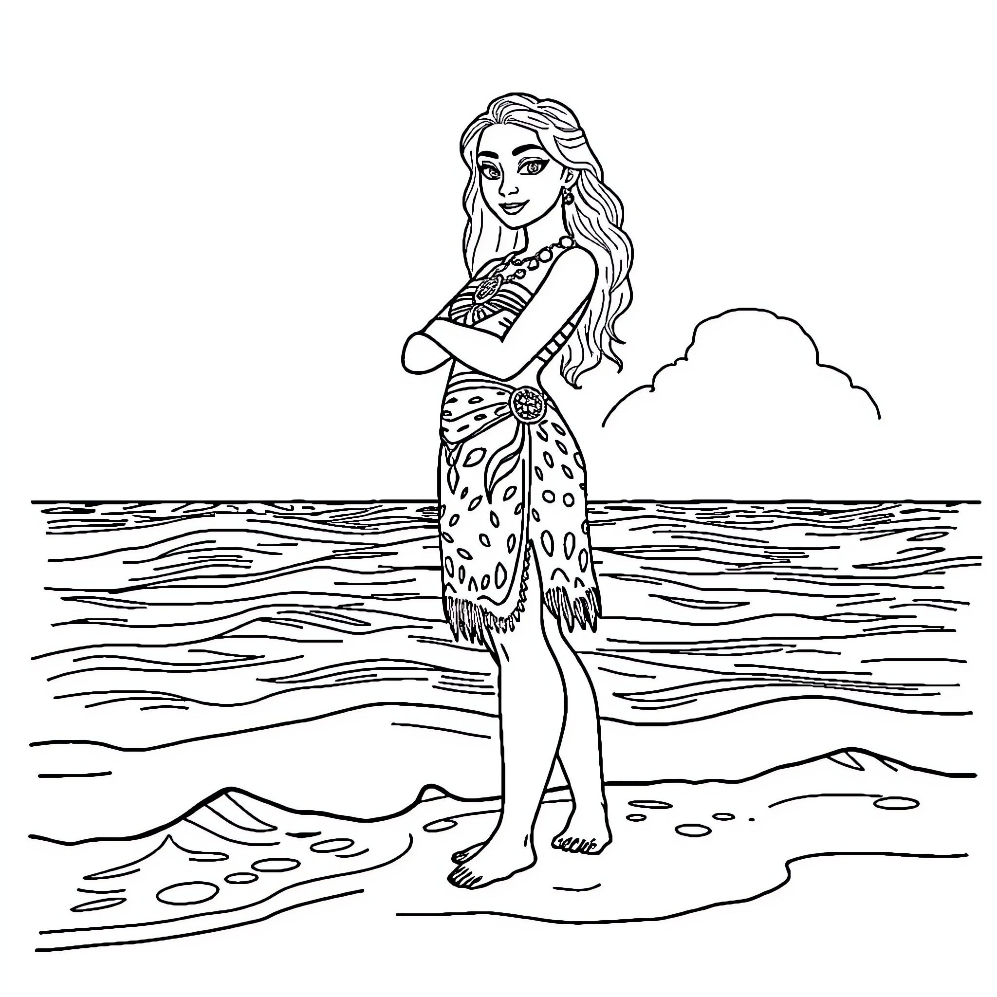 Moana standing confidently on the beach Coloring Page (free black-and-white line drawing printable PDF for all, from beginners to advanced learners, including children, teens, adults, and seniors)