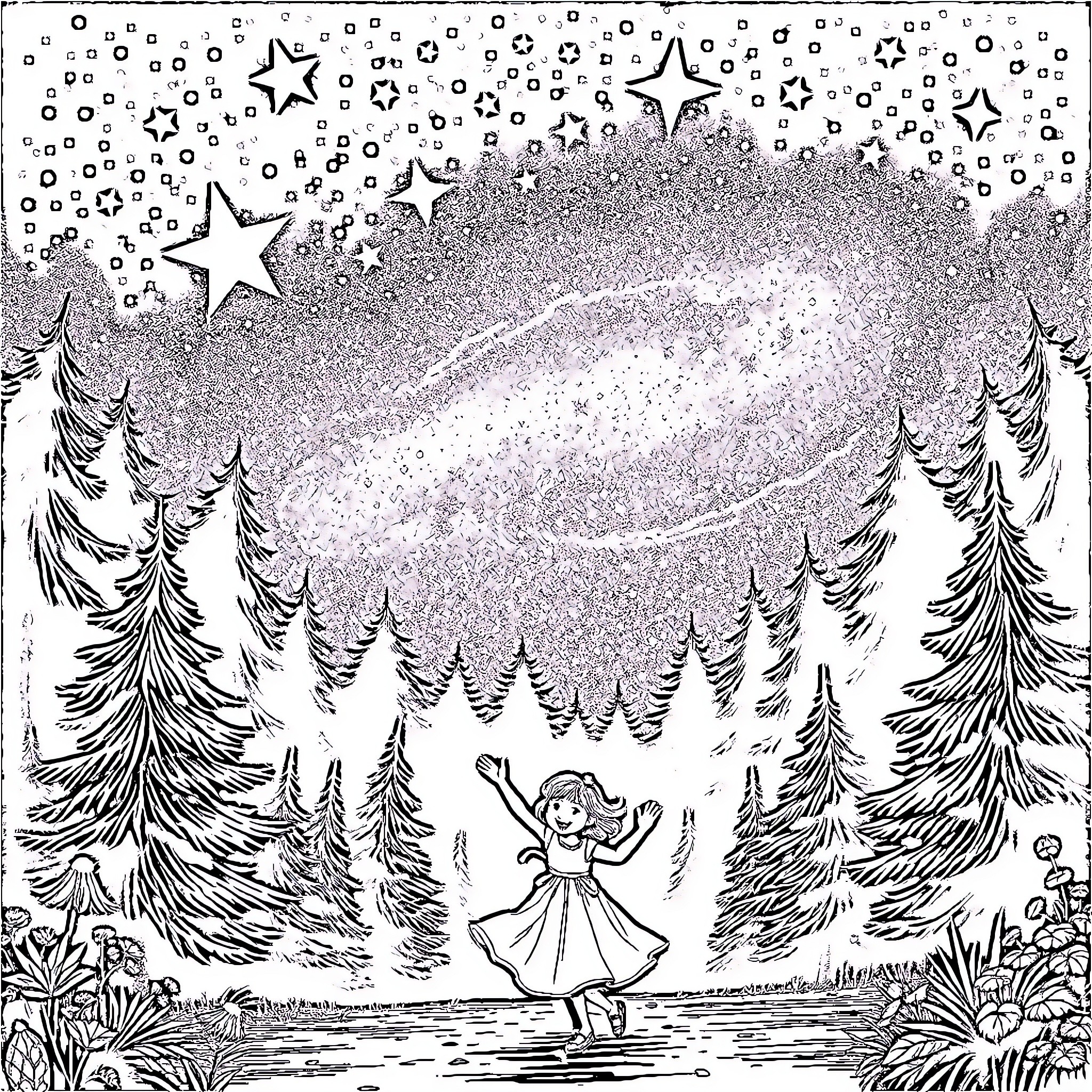 Girl dancing in the starry forest Coloring Page (free black-and-white line drawing printable PDF for all, from beginners to advanced learners, including children, teens, adults, and seniors)