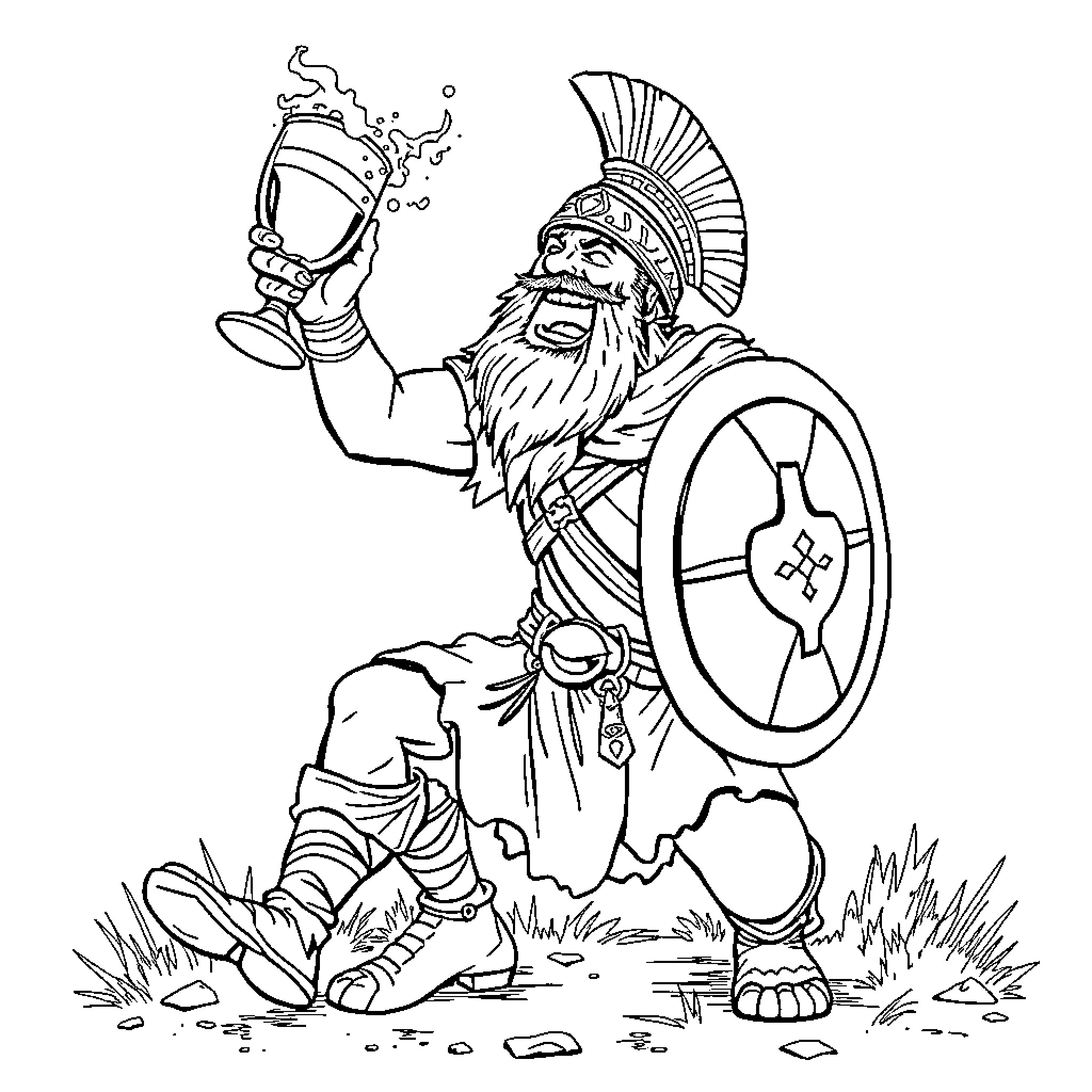 Warrior wielding flaming sword and shield in battle Coloring Page (free black-and-white line drawing printable PDF for all, from beginners to advanced learners, including children, teens, adults, and seniors)