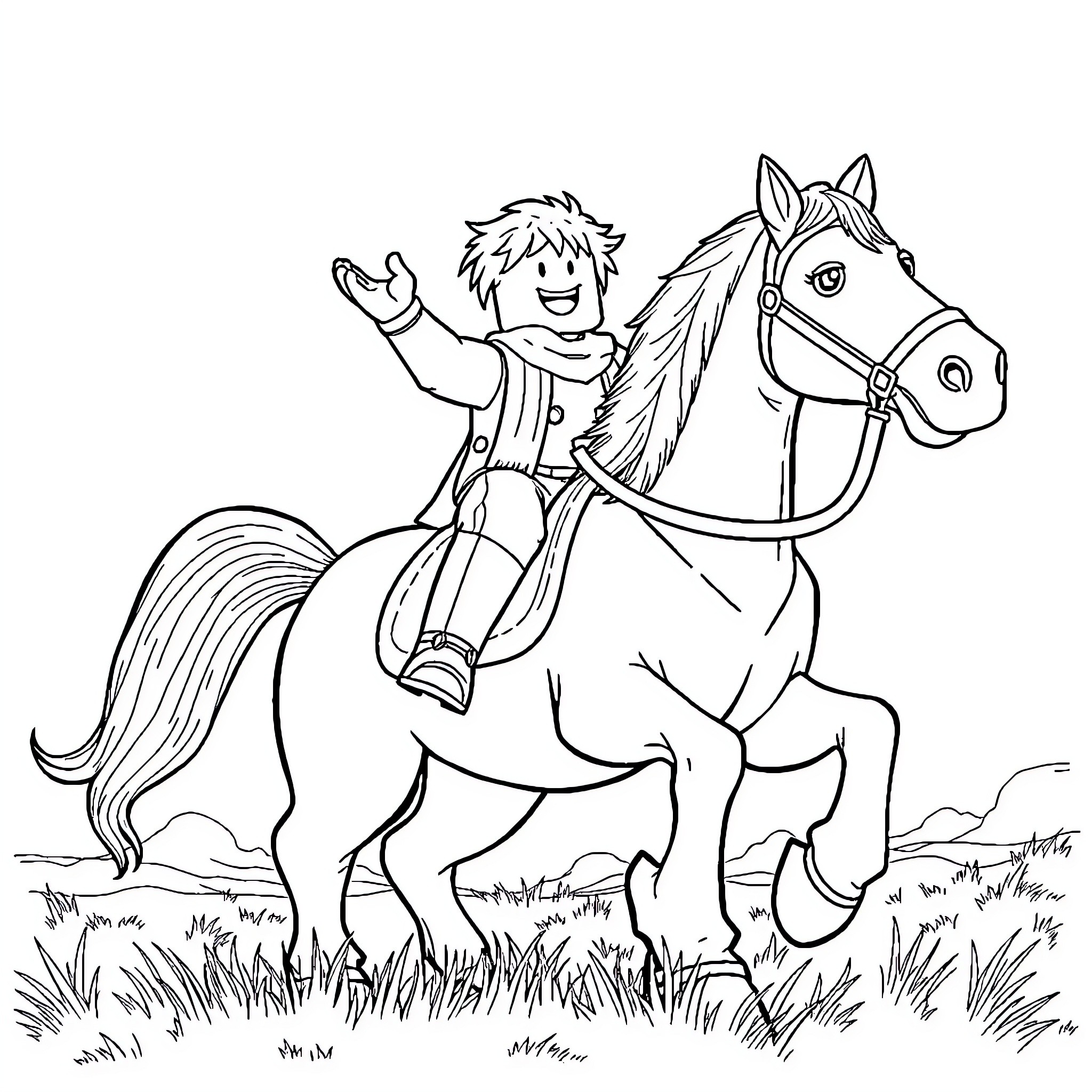 Roblox Character riding a happy horse in the meadow Coloring Page (free black-and-white line drawing printable PDF for all, from beginners to advanced learners, including children, teens, adults, and seniors)