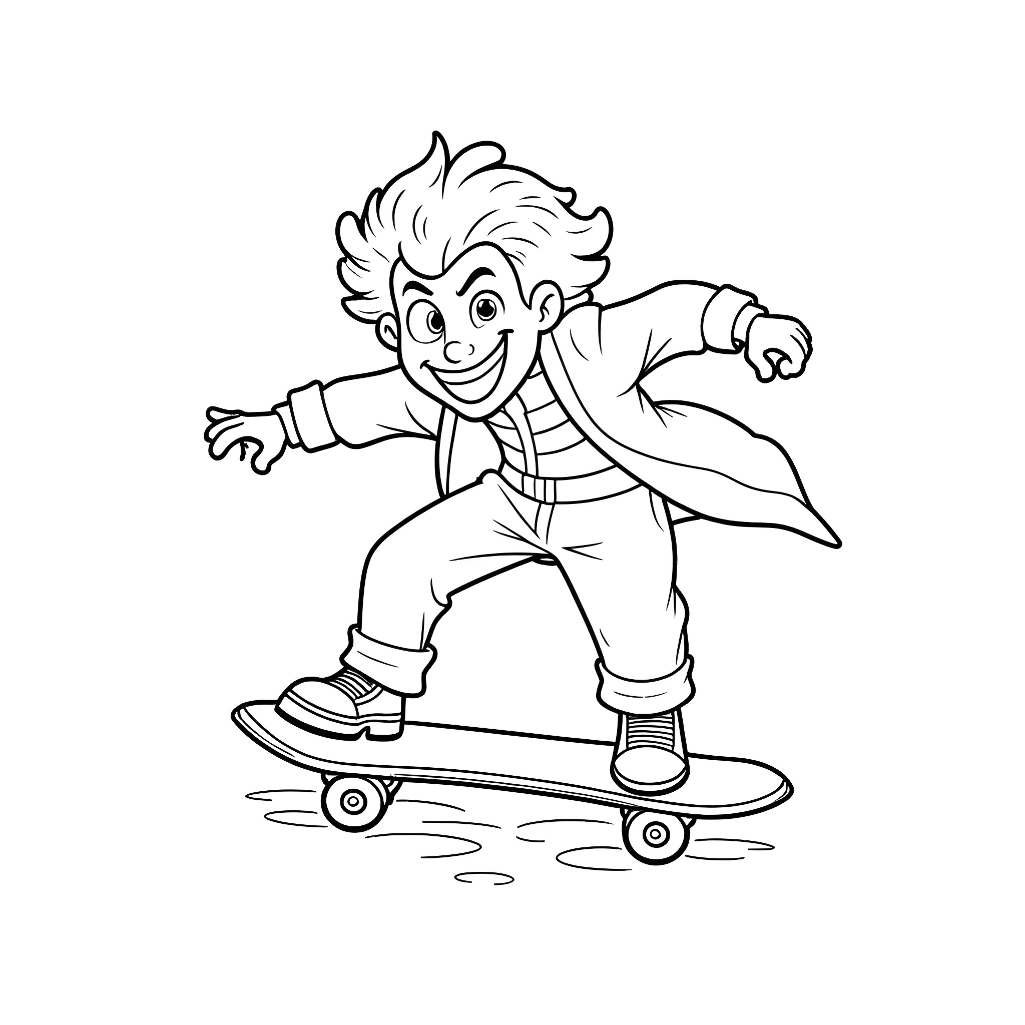 Joker skateboarding with a cheerful expression Coloring Page (free black-and-white line drawing printable PDF for all, from beginners to advanced learners, including children, teens, adults, and seniors)
