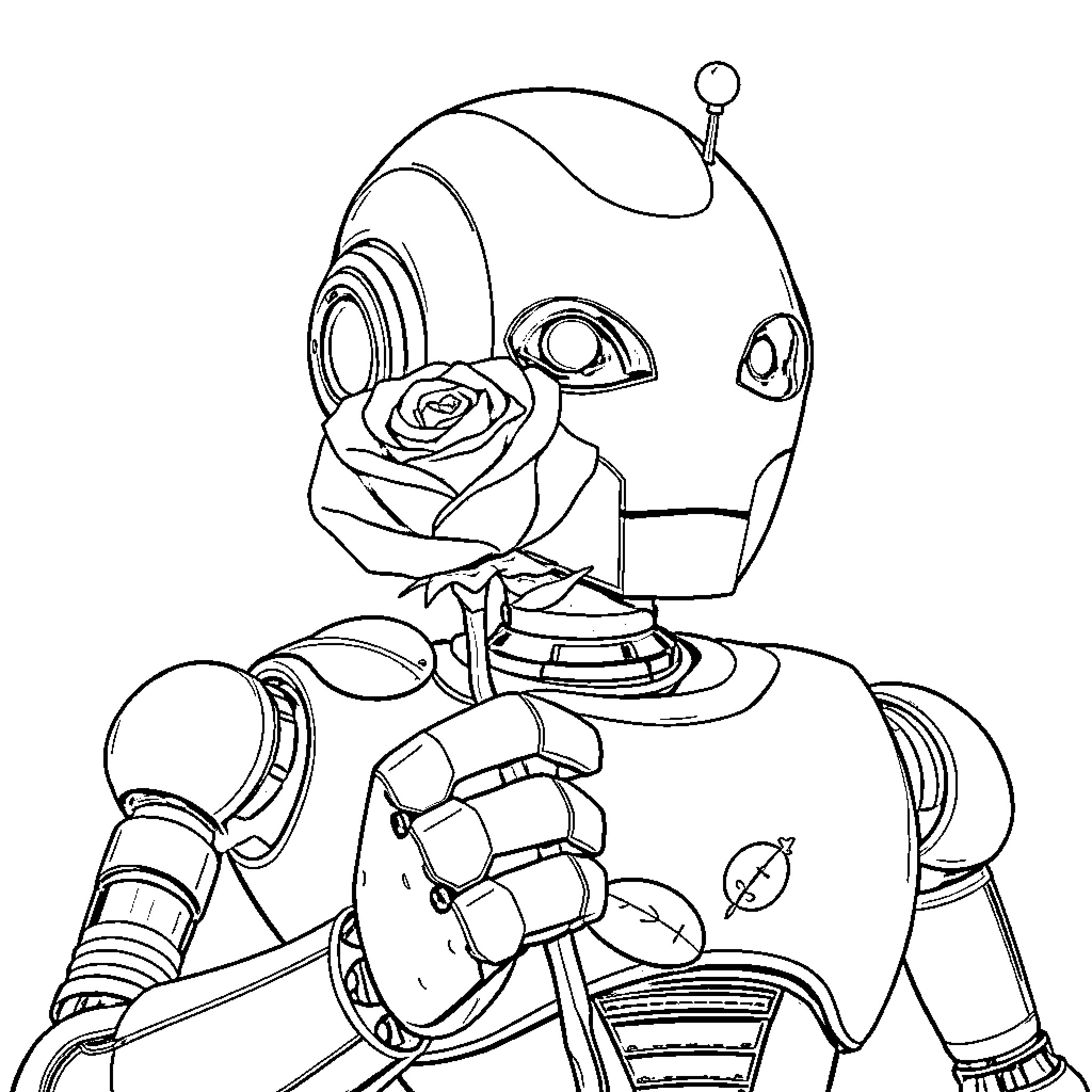 Robot Presenting a Flower with Mechanical Hands Coloring Page (free black-and-white line drawing printable PDF for all, from beginners to advanced learners, including children, teens, adults, and seniors)