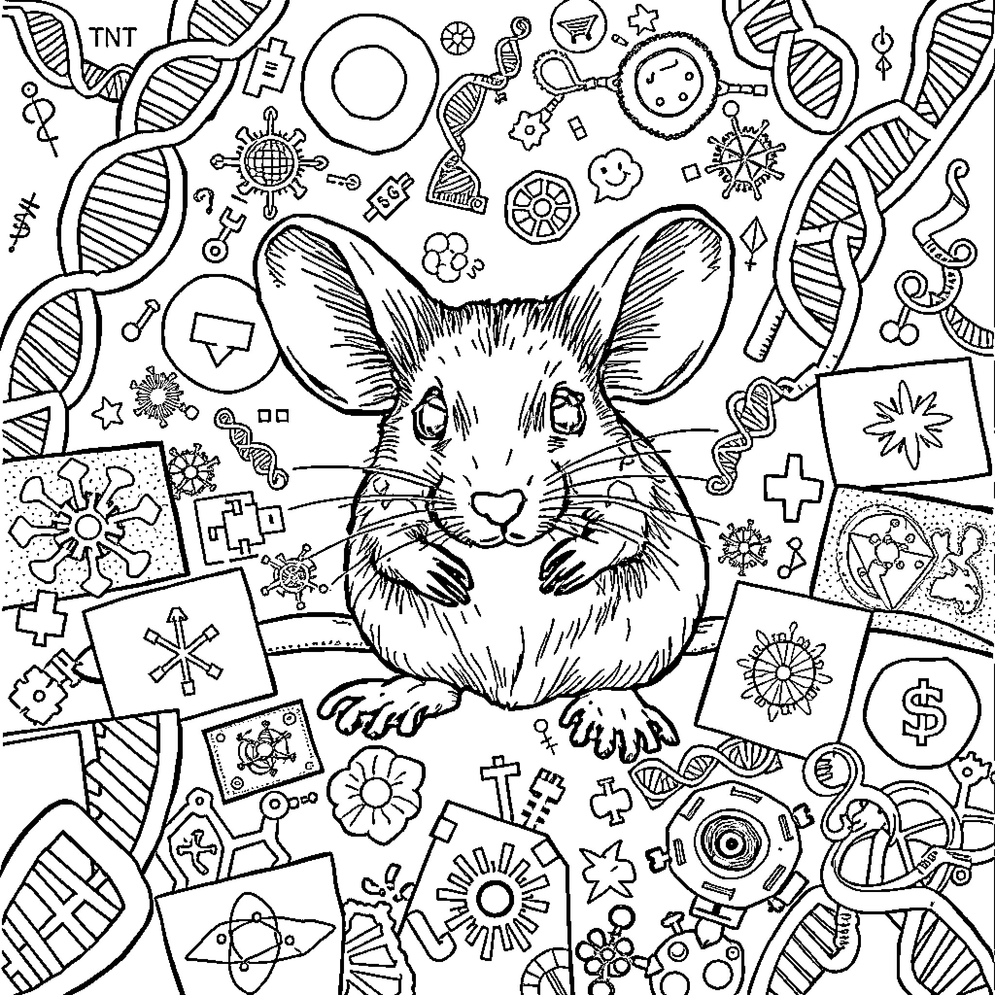 Mouse surrounded by scientific illustrations Coloring Page (free black-and-white line drawing printable PDF for all, from beginners to advanced learners, including children, teens, adults, and seniors)