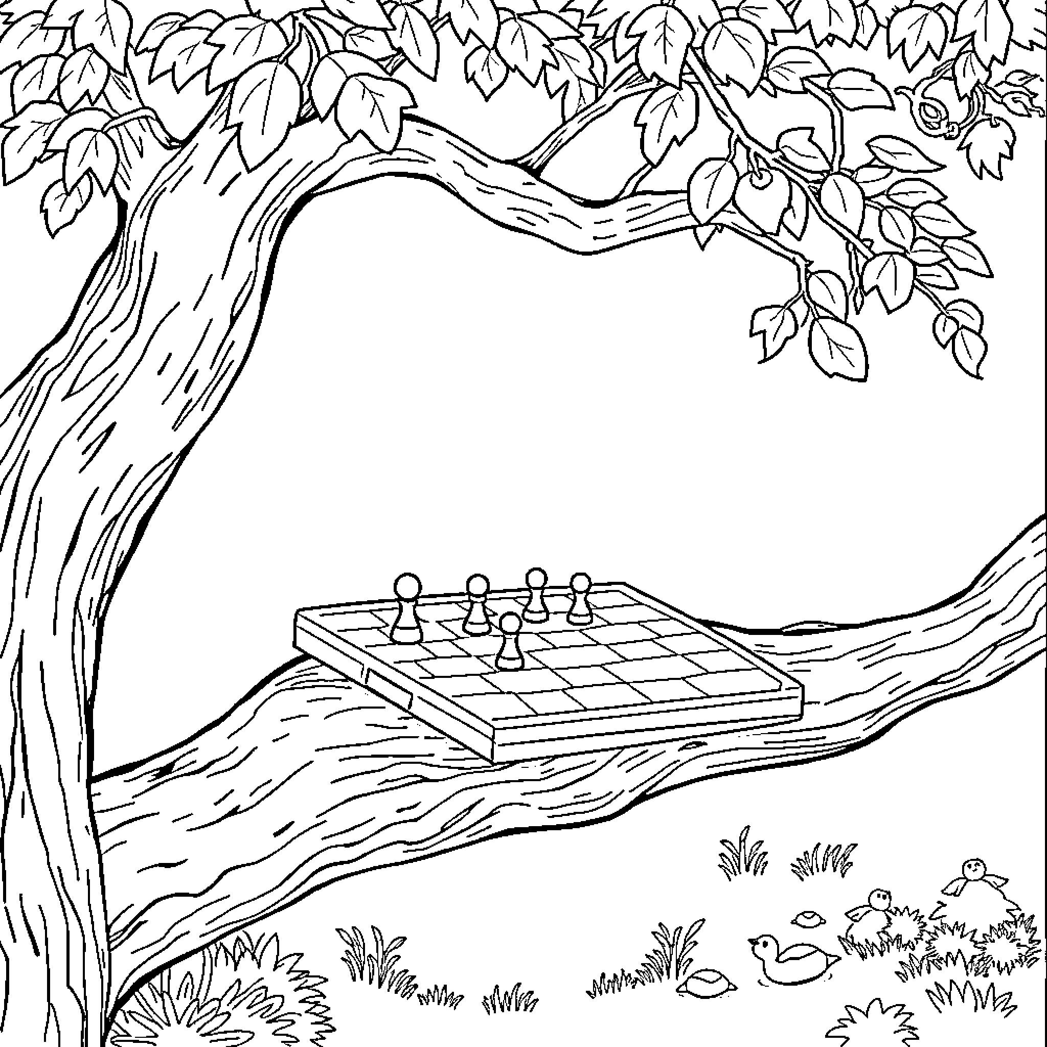 Game of chess in the forest Coloring Page (free black-and-white line drawing printable PDF for all, from beginners to advanced learners, including children, teens, adults, and seniors)
