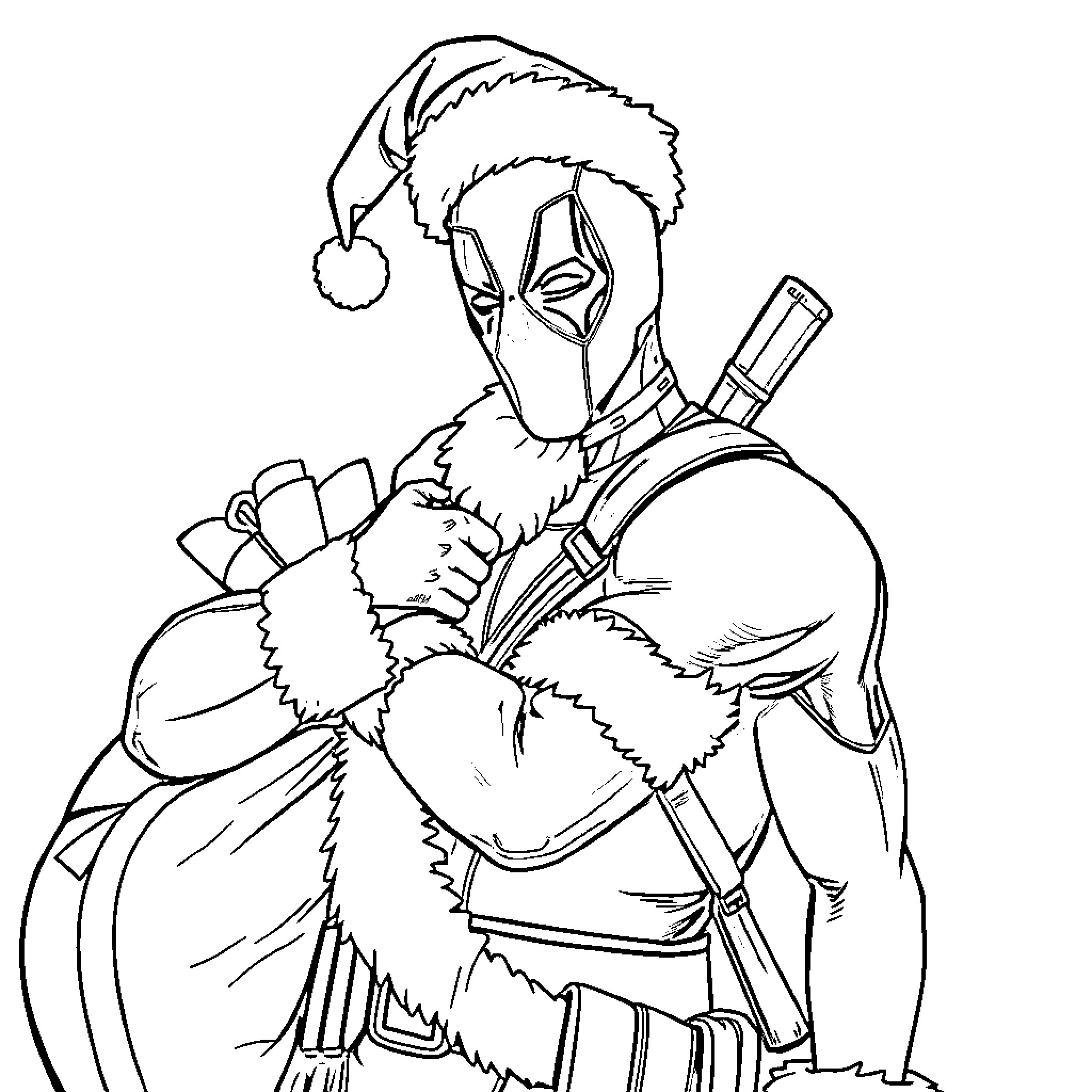 Deadpool in Festive Attire with Weapons Coloring Page (free black-and-white line drawing printable PDF for all, from beginners to advanced learners, including children, teens, adults, and seniors)
