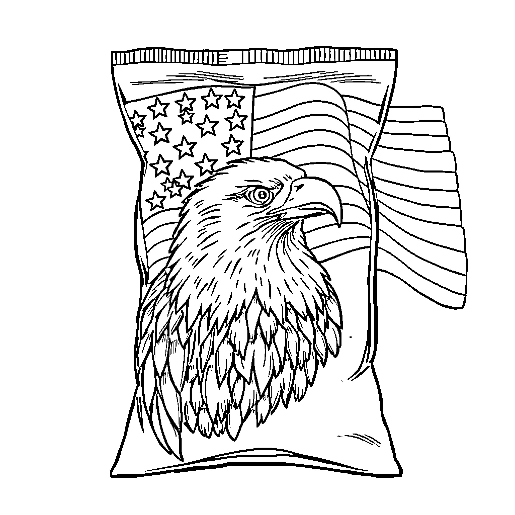 Eagle Soaring with American Flag Coloring Page (free black-and-white line drawing printable PDF for all, from beginners to advanced learners, including children, teens, adults, and seniors)