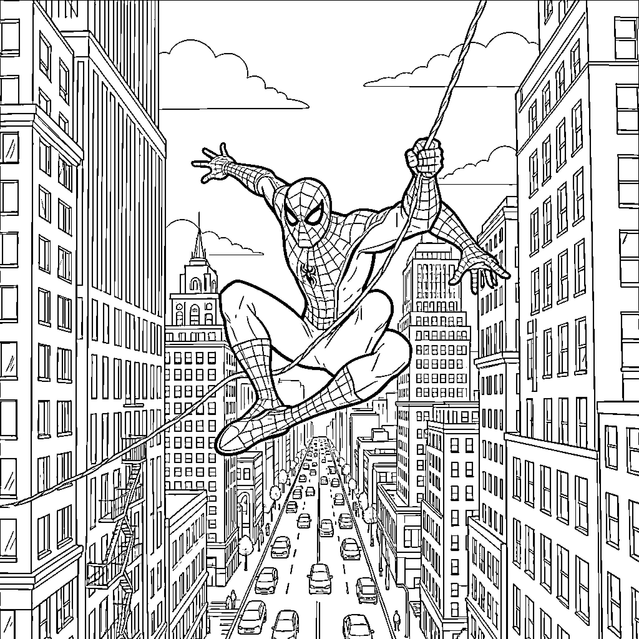 Spiderman swinging through a busy city street Coloring Page (free black-and-white line drawing printable PDF for all, from beginners to advanced learners, including children, teens, adults, and seniors)