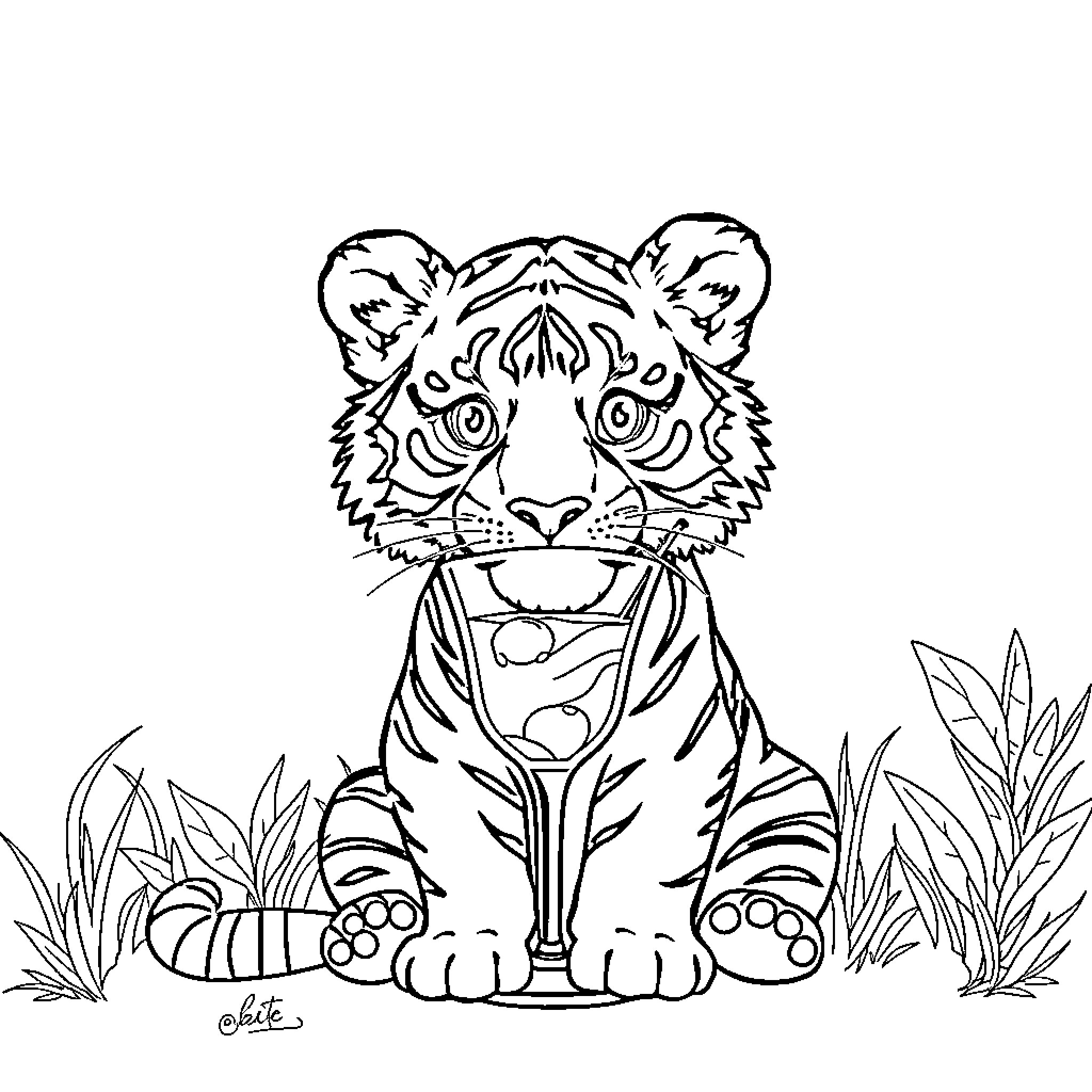 Tiger resting in lush jungle Coloring Page (free black-and-white line drawing printable PDF for all, from beginners to advanced learners, including children, teens, adults, and seniors)