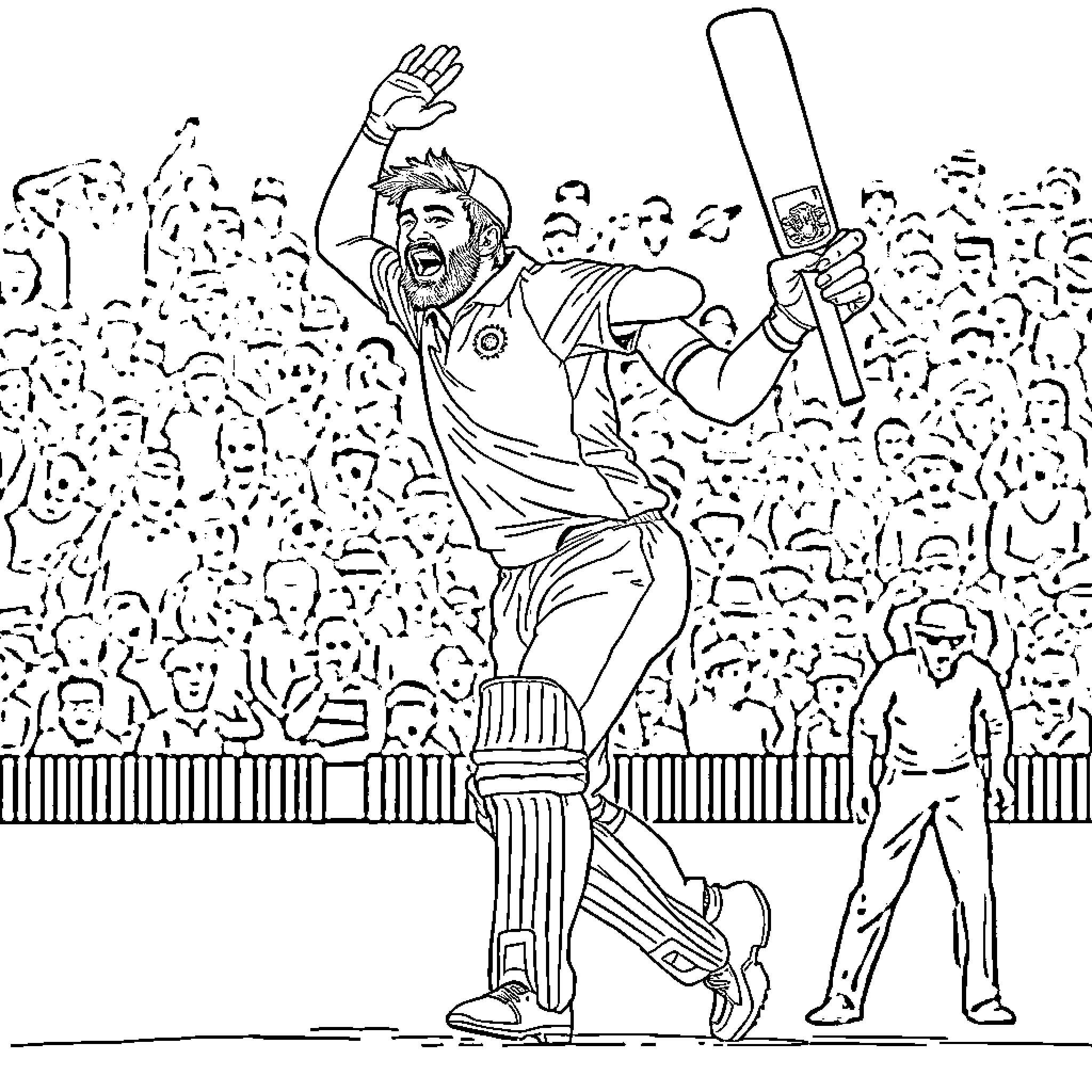 Haris Rauf celebrates after taking a wicket on the cricket field Coloring Page (free black-and-white line drawing printable PDF for all, from beginners to advanced learners, including children, teens, adults, and seniors)