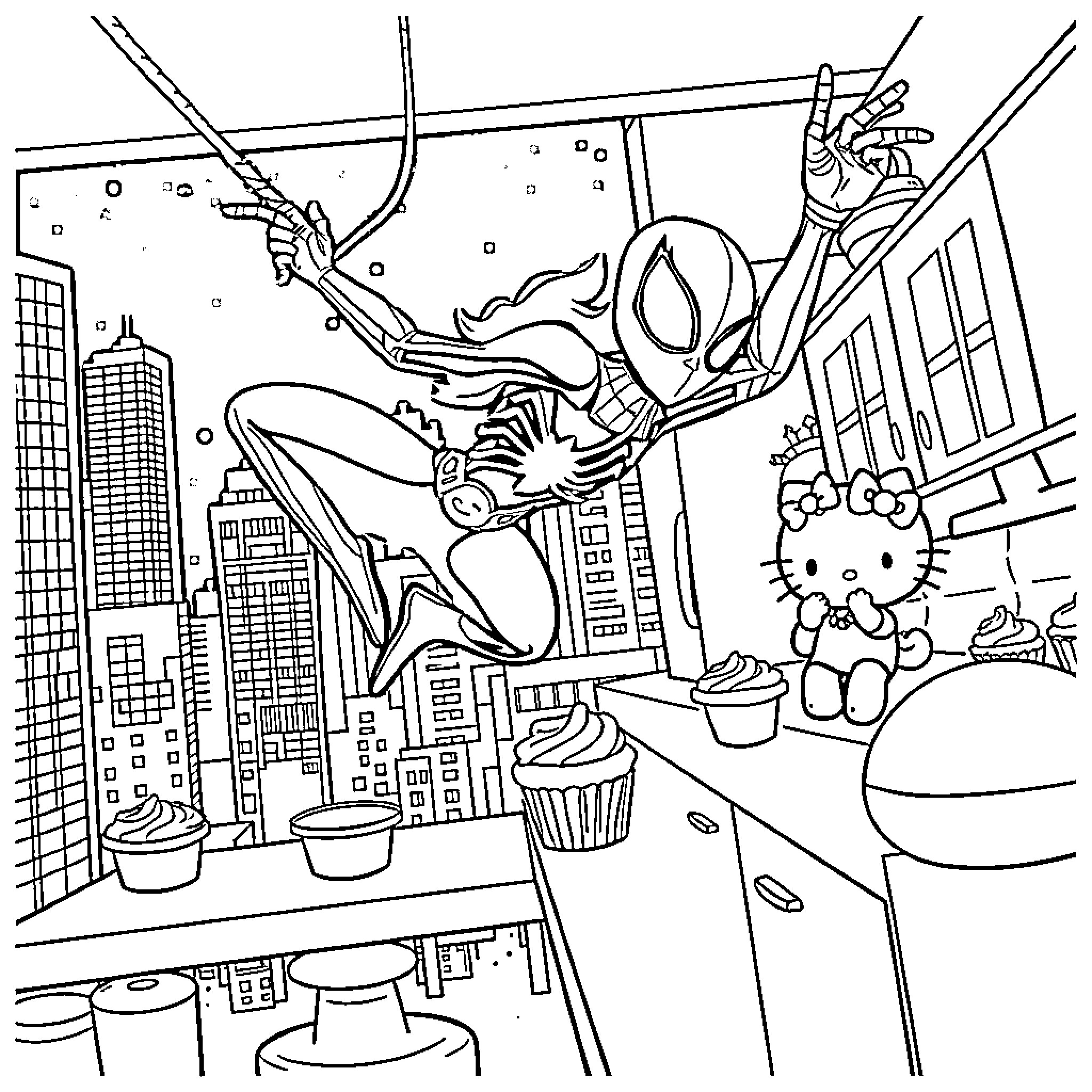 Spider Gwen swinging through a city skyline with Hello Kitty Coloring Page (free black-and-white line drawing printable PDF for all, from beginners to advanced learners, including children, teens, adults, and seniors)