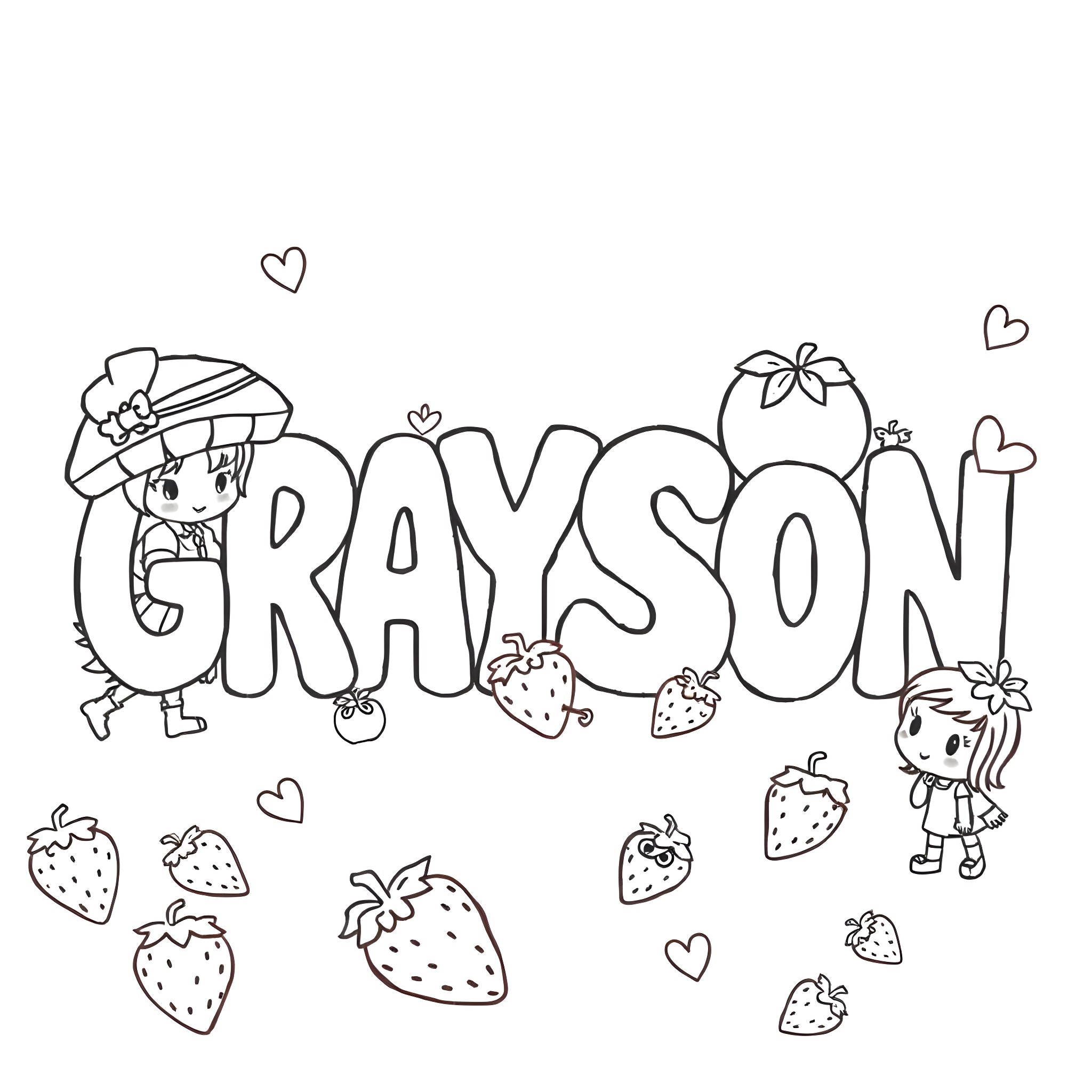 Grayson playing with strawberries in a heart-filled scene Coloring Page (free black-and-white line drawing printable PDF for all, from beginners to advanced learners, including children, teens, adults, and seniors)