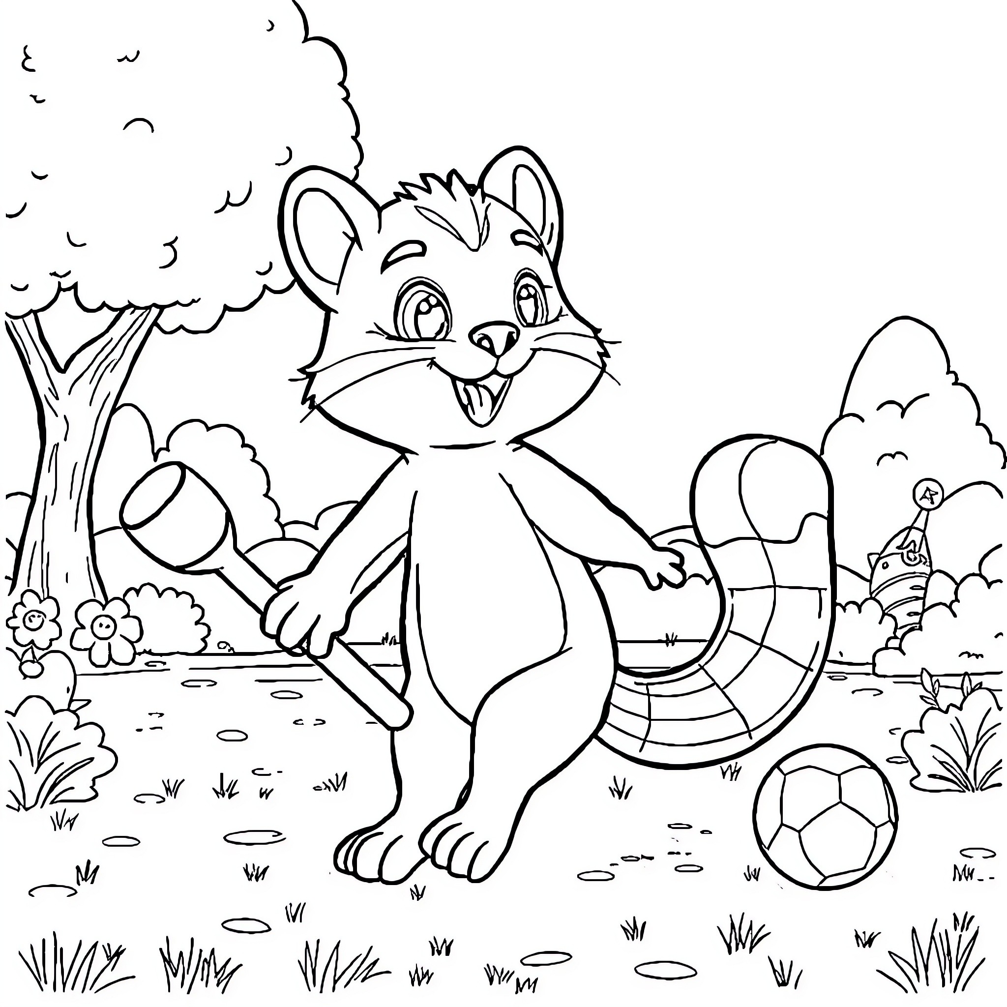 Mascota playing happily with soccer ball in nature Coloring Page (free black-and-white line drawing printable PDF for all, from beginners to advanced learners, including children, teens, adults, and seniors)