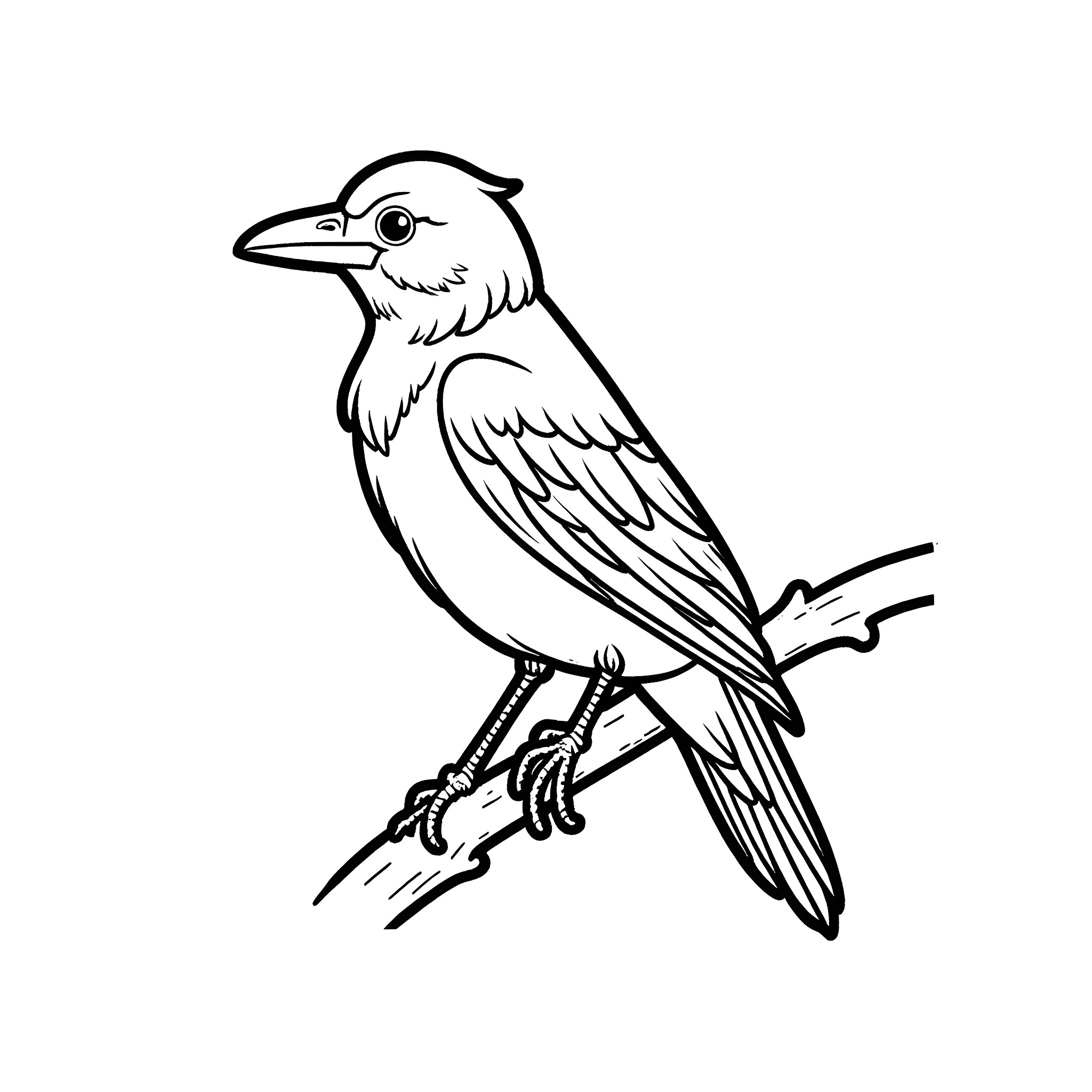 Raven perched on a branch Coloring Page (free black-and-white line drawing printable PDF for all, from beginners to advanced learners, including children, teens, adults, and seniors)