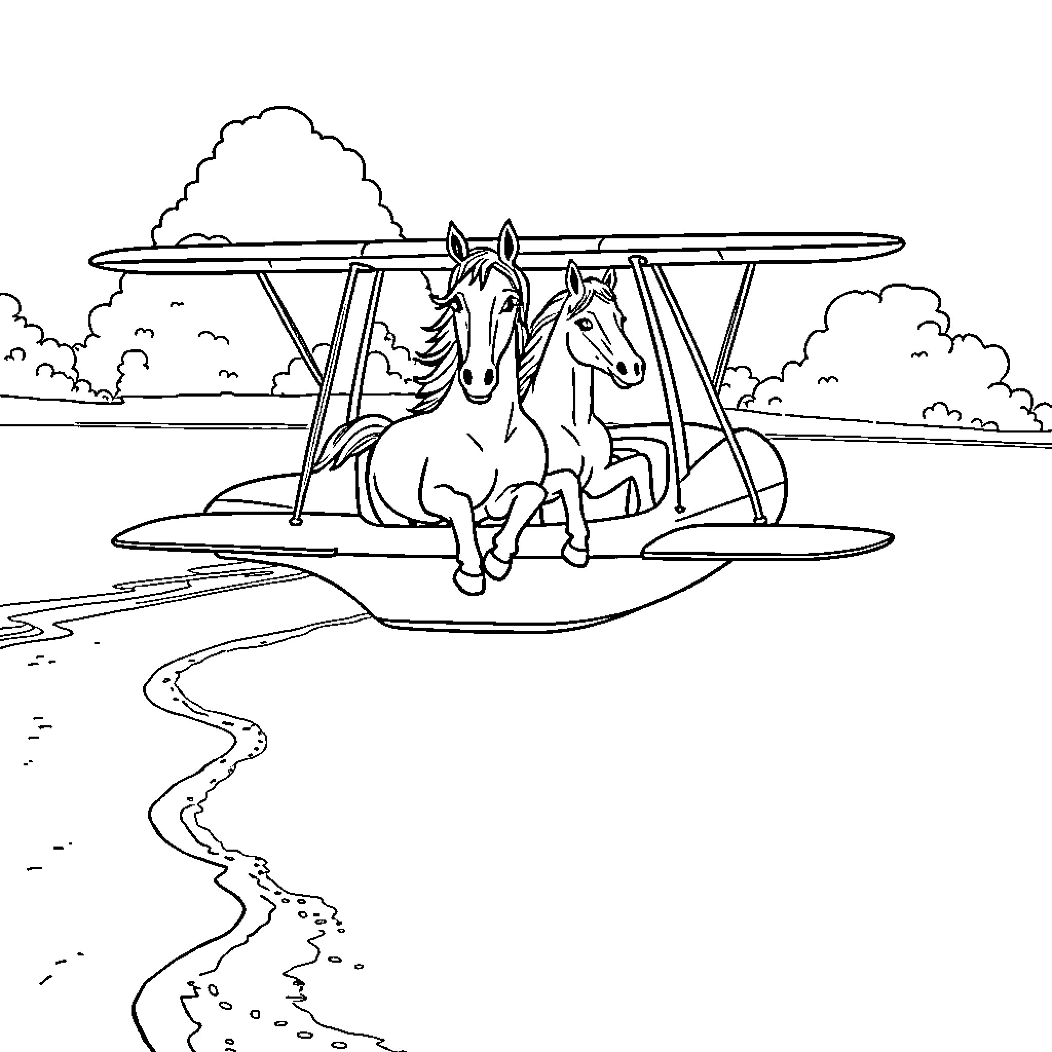 Horse duo soaring in vintage biplane over scenic landscape Coloring Page (free black-and-white line drawing printable PDF for all, from beginners to advanced learners, including children, teens, adults, and seniors)
