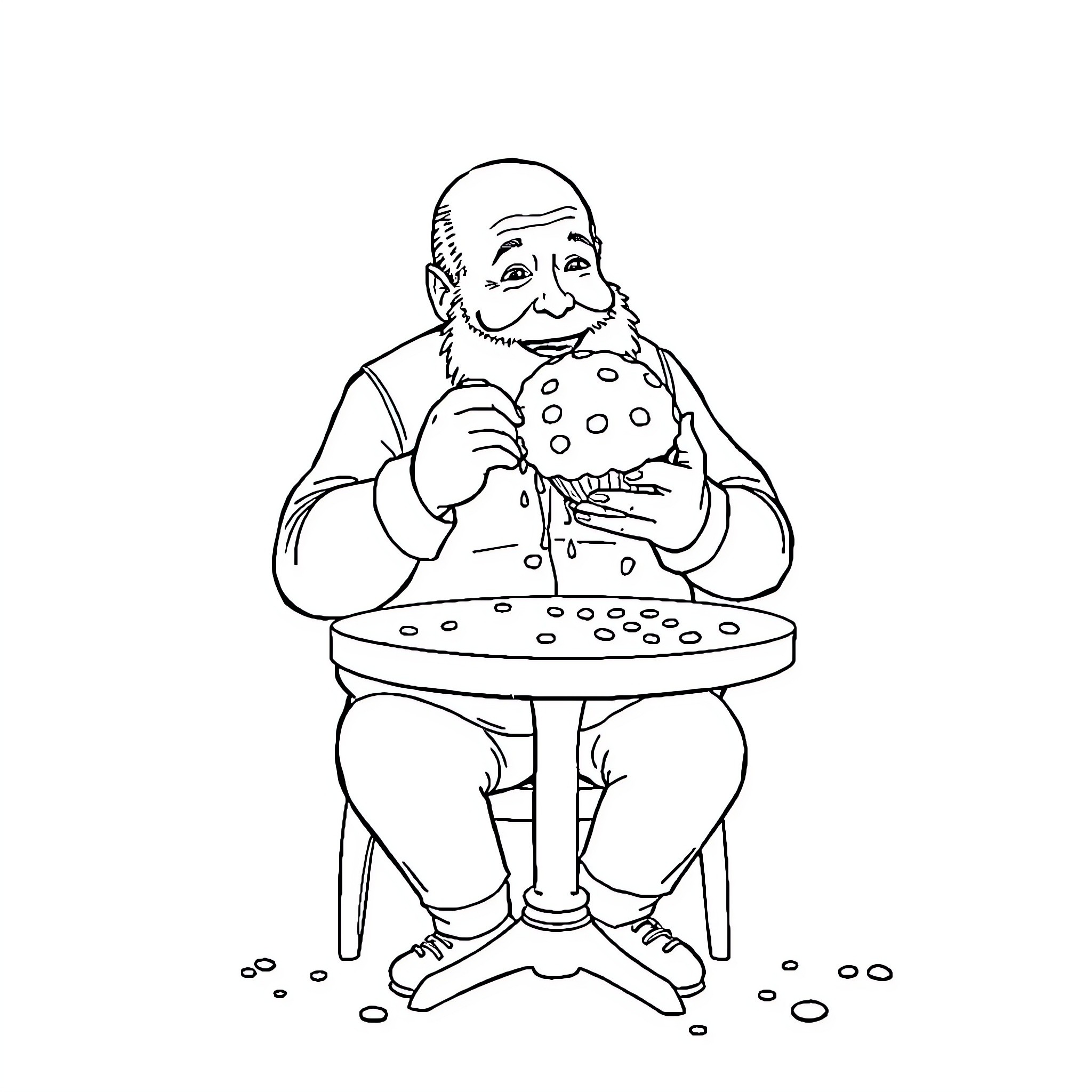 Bill Burr enjoying a snack at a cafe Coloring Page (free black-and-white line drawing printable PDF for all, from beginners to advanced learners, including children, teens, adults, and seniors)