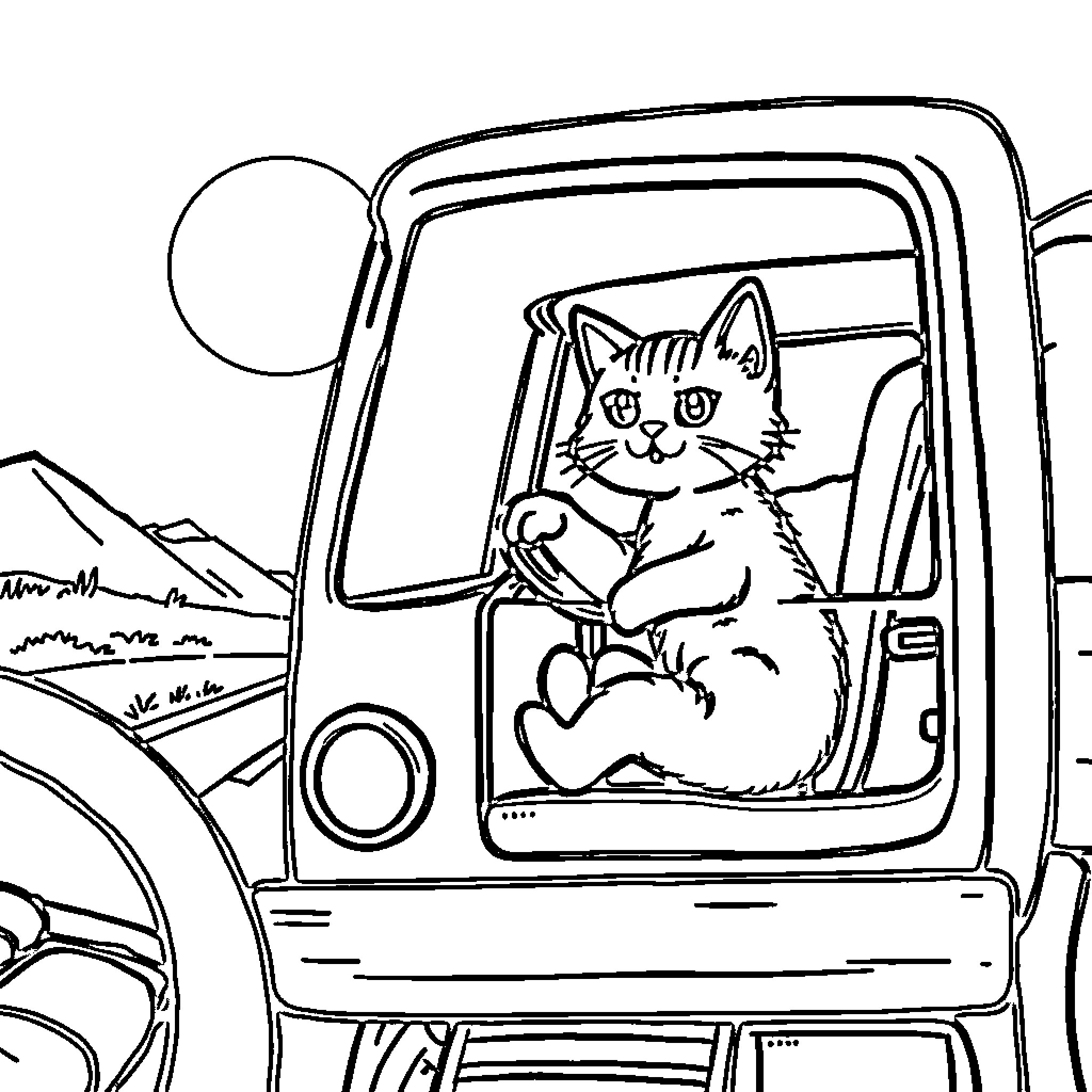 Cat riding in a vehicle in nature Coloring Page (free black-and-white line drawing printable PDF for all, from beginners to advanced learners, including children, teens, adults, and seniors)