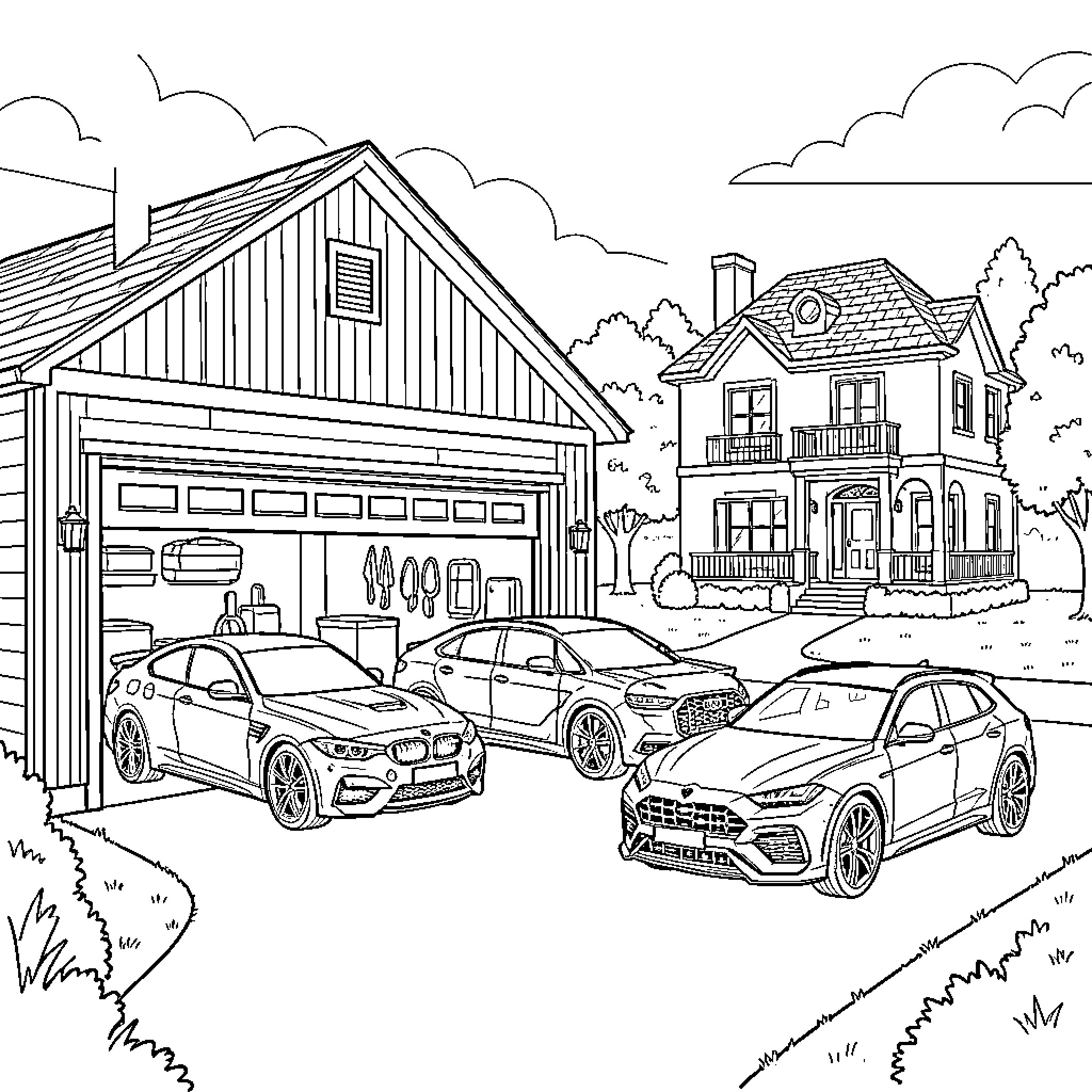 Car parked in a driveway near a house Coloring Page (free black-and-white line drawing printable PDF for all, from beginners to advanced learners, including children, teens, adults, and seniors)