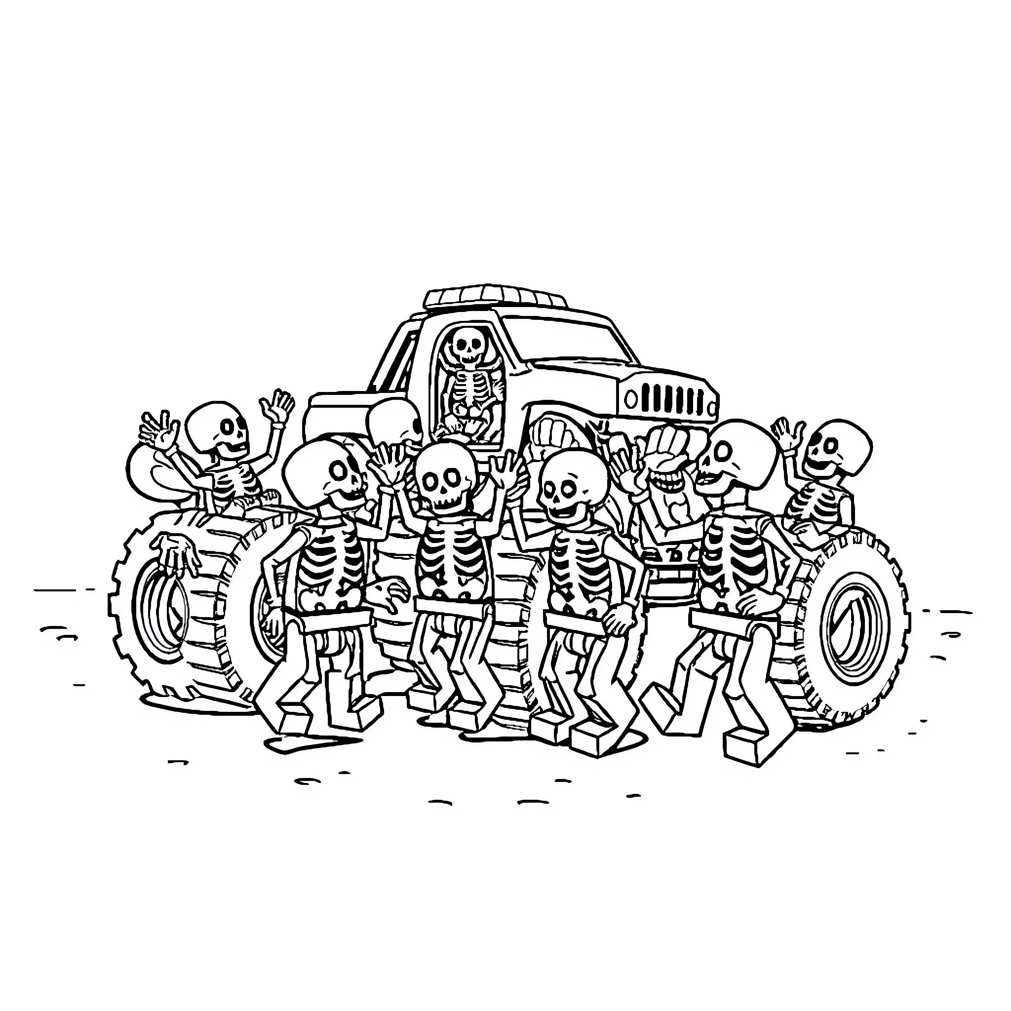 Skeleton crew having fun with monster truck Coloring Page (free black-and-white line drawing printable PDF for all, from beginners to advanced learners, including children, teens, adults, and seniors)