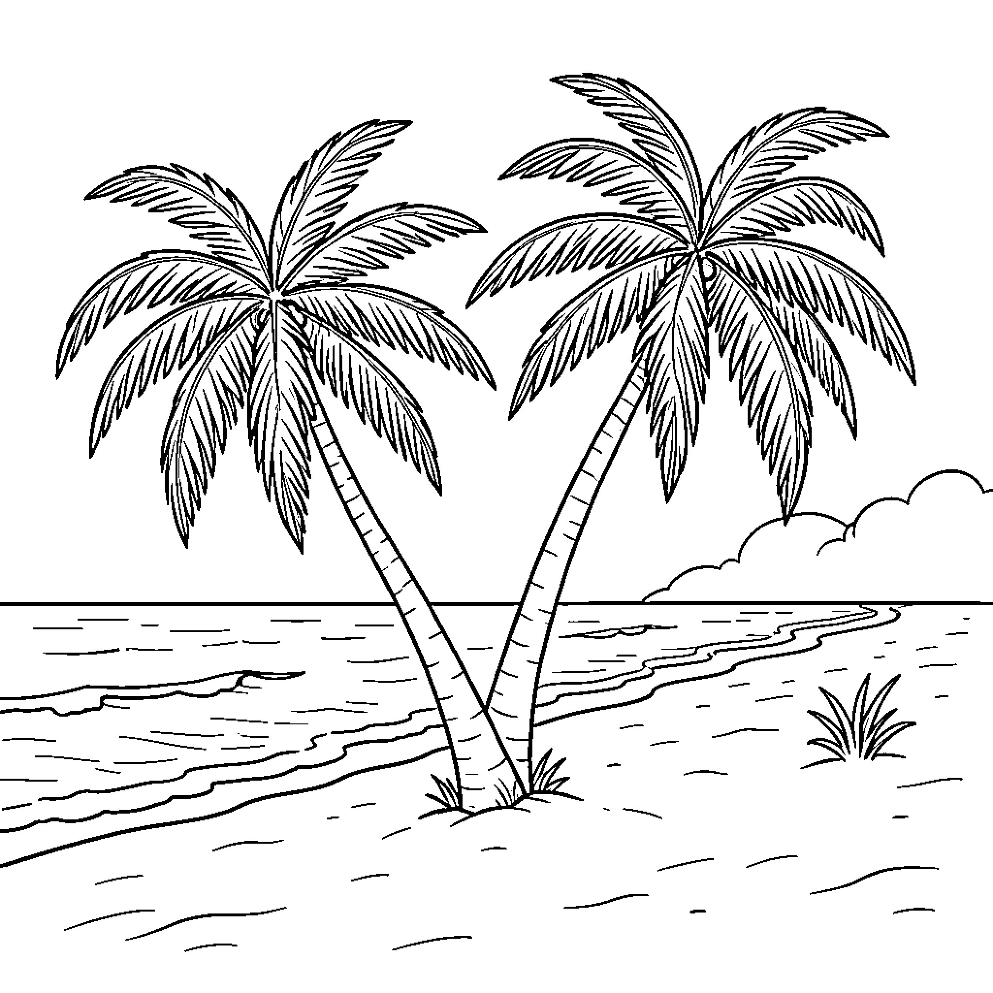 Palm Tree standing peacefully on a tropical beach Coloring Page (free black-and-white line drawing printable PDF for all, from beginners to advanced learners, including children, teens, adults, and seniors)