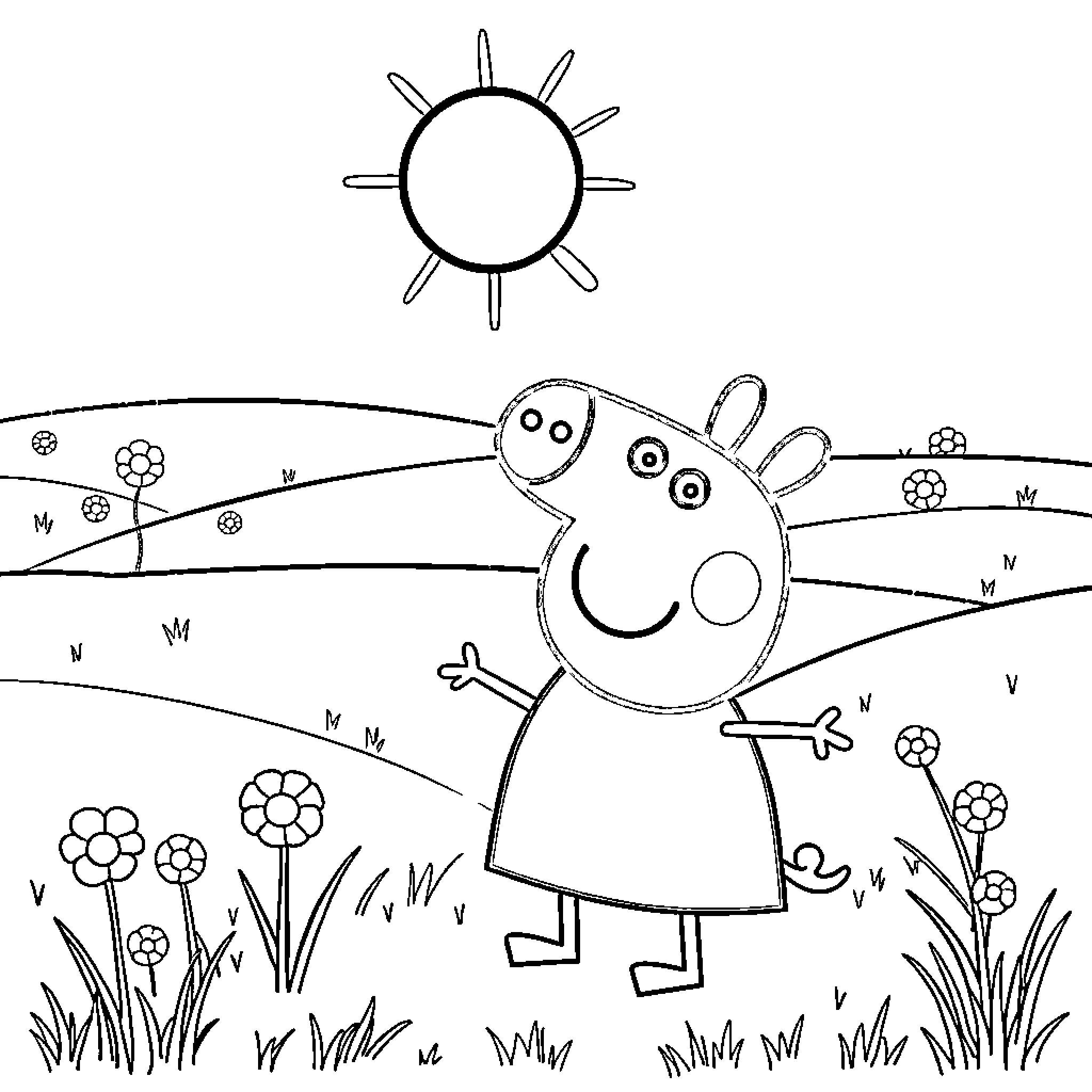 Peppa Pig enjoying a sunny day in the meadow Coloring Page (free black-and-white line drawing printable PDF for all, from beginners to advanced learners, including children, teens, adults, and seniors)