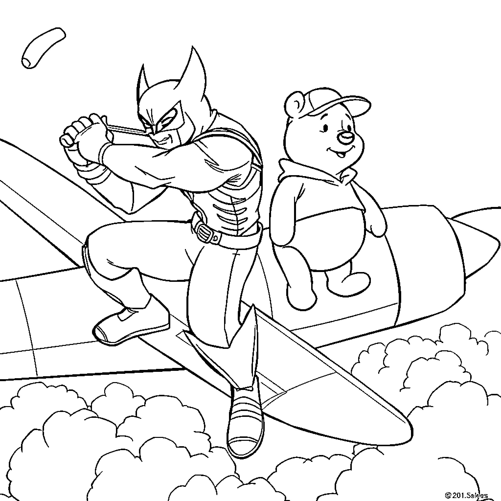 Wolverine and Teddy Bear Soar Through the Skies Coloring Page (free black-and-white line drawing printable PDF for all, from beginners to advanced learners, including children, teens, adults, and seniors)