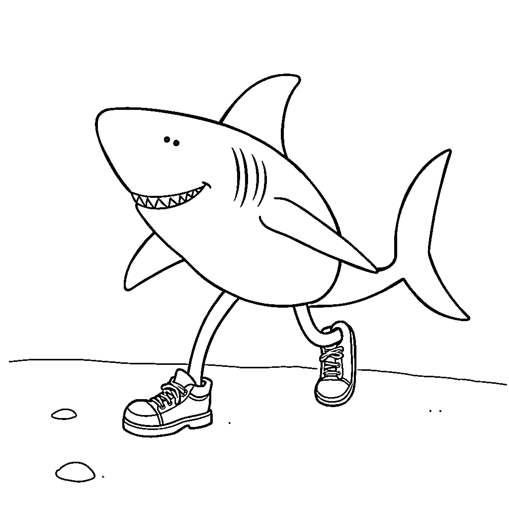 Shark walking in sneakers Coloring Page (free black-and-white line drawing printable PDF for all, from beginners to advanced learners, including children, teens, adults, and seniors)