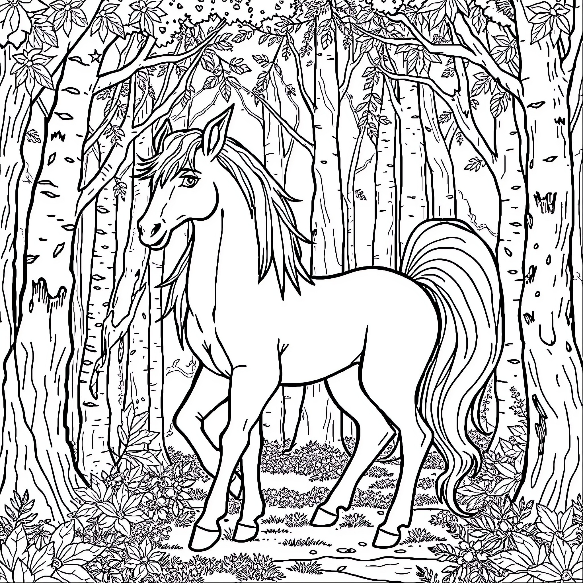 Centaur in mystical forest setting Coloring Page (free black-and-white line drawing printable PDF for all, from beginners to advanced learners, including children, teens, adults, and seniors)
